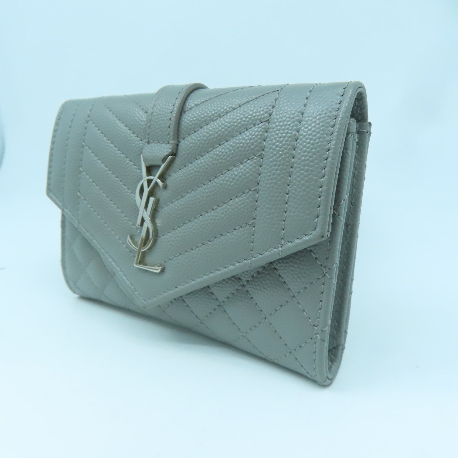 SAINT LAURENT 牛皮皮革Wallet銀扣錢包灰色