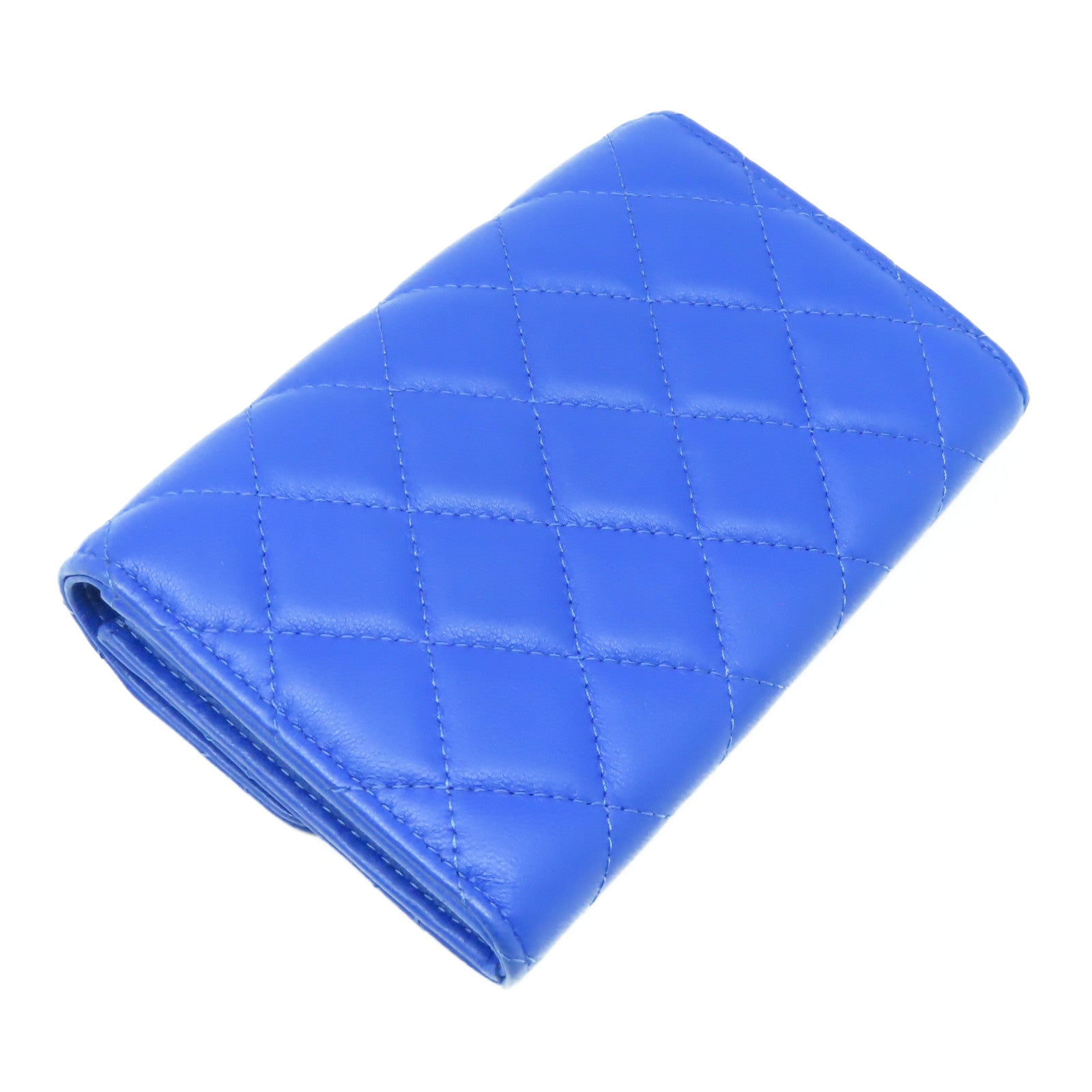 CHANEL 【激減優惠】菱格羊皮皮革Wallet銀扣長錢包藍色