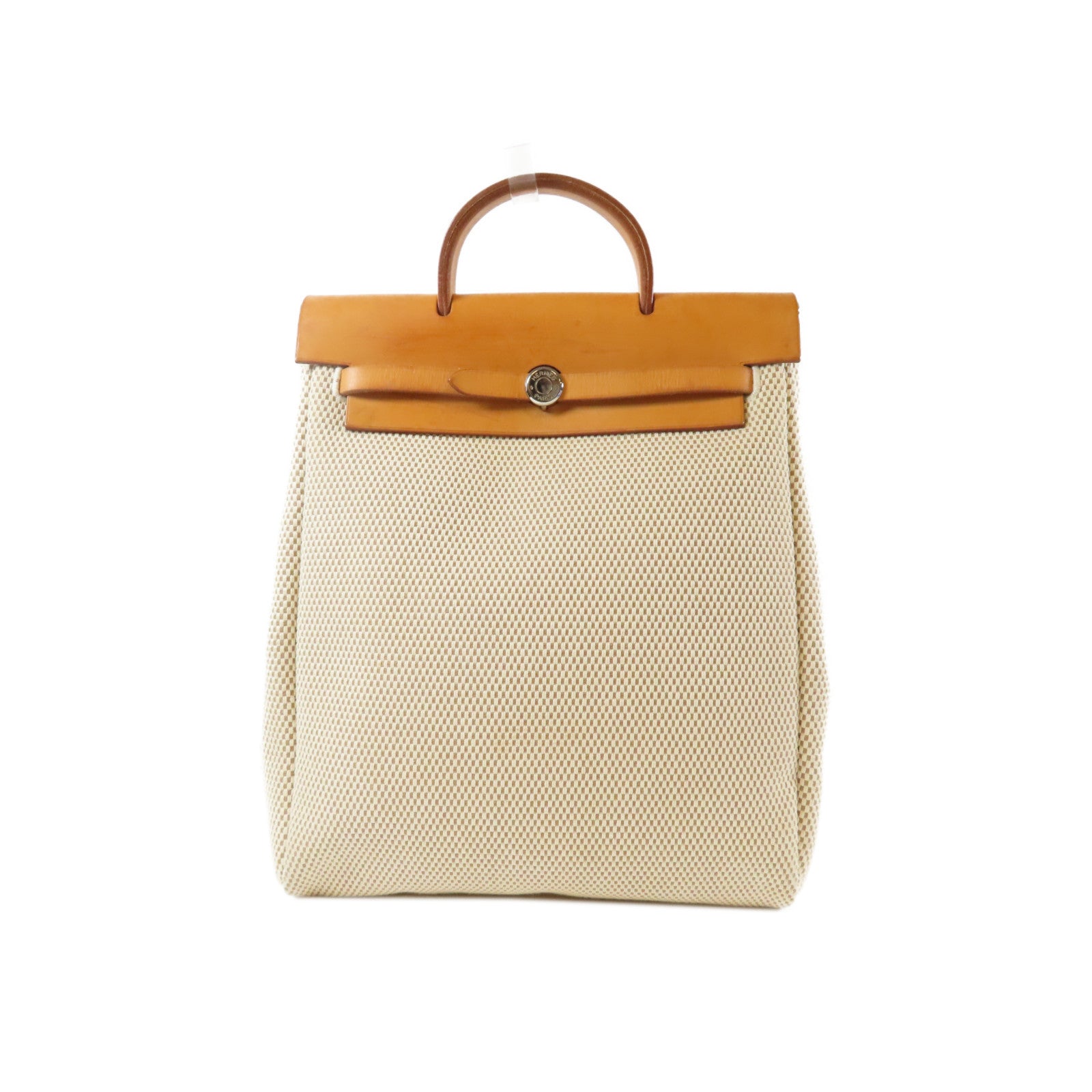 HERMES 帆布Herbag Backpack銀扣背包米色/啡色