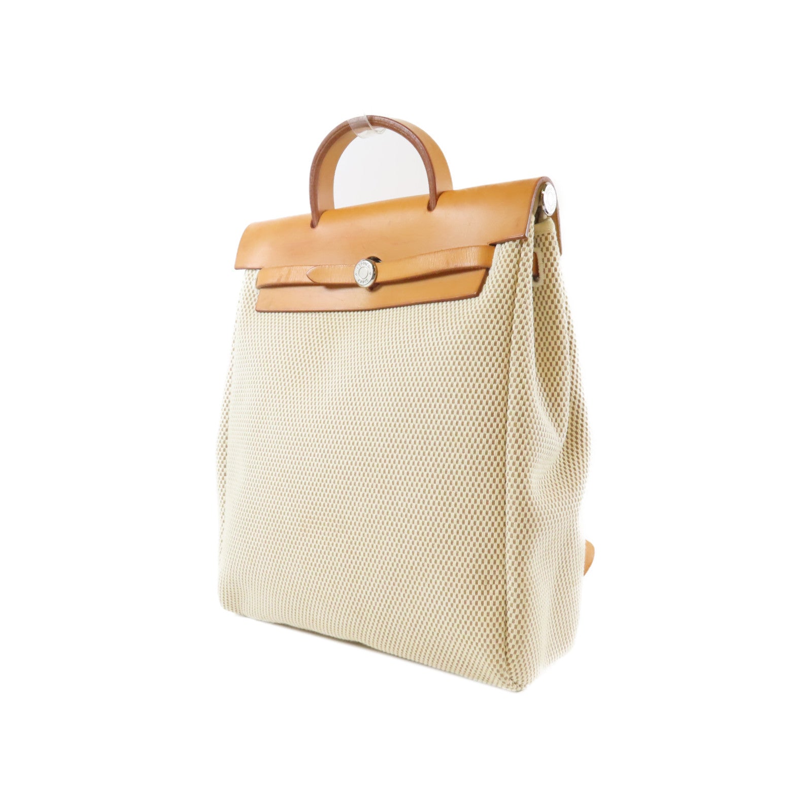 HERMES 帆布Herbag Backpack銀扣背包米色/啡色