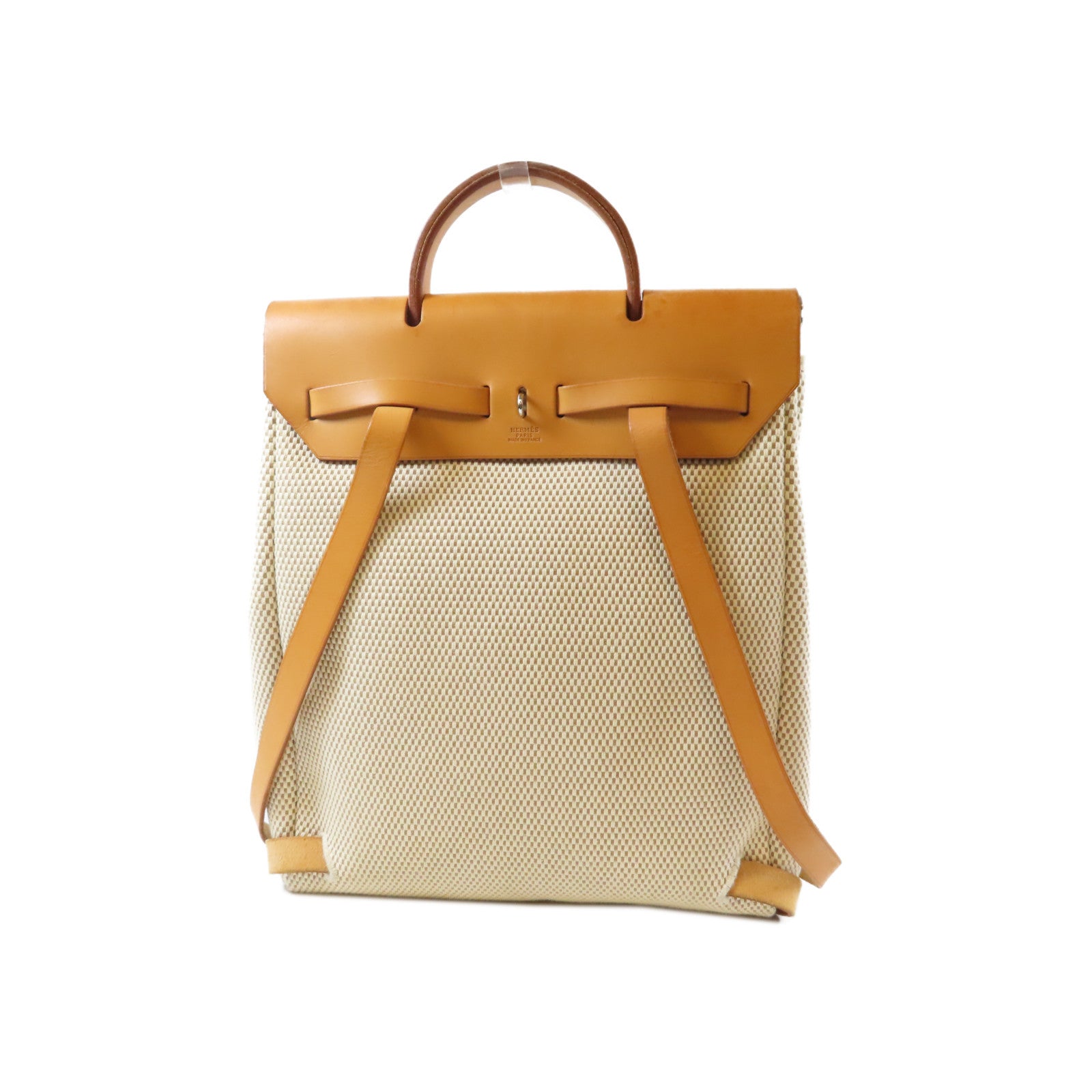 HERMES 帆布Herbag Backpack銀扣背包米色/啡色
