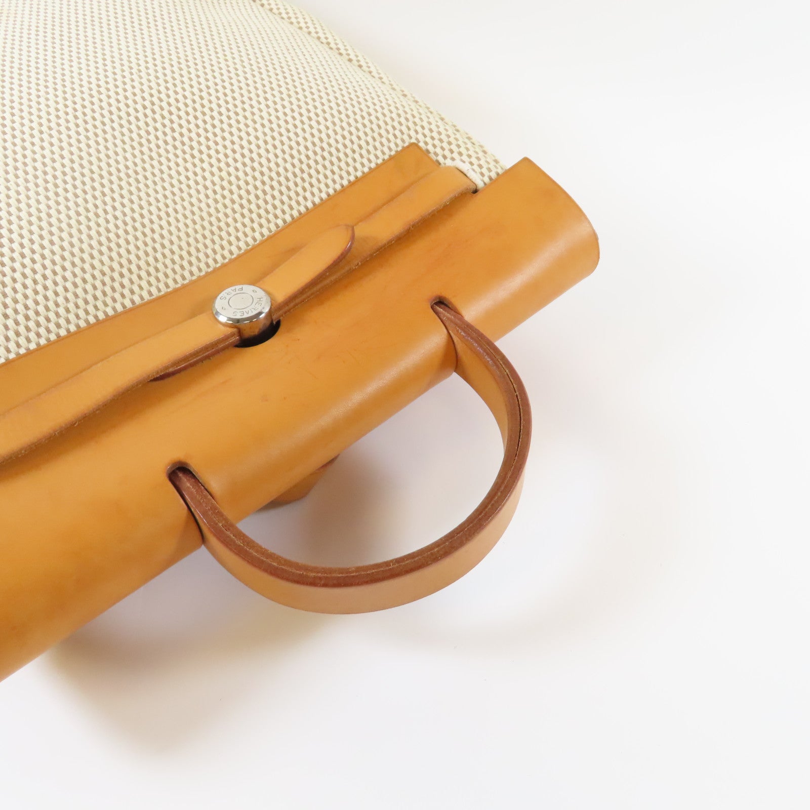HERMES 帆布Herbag Backpack銀扣背包米色/啡色