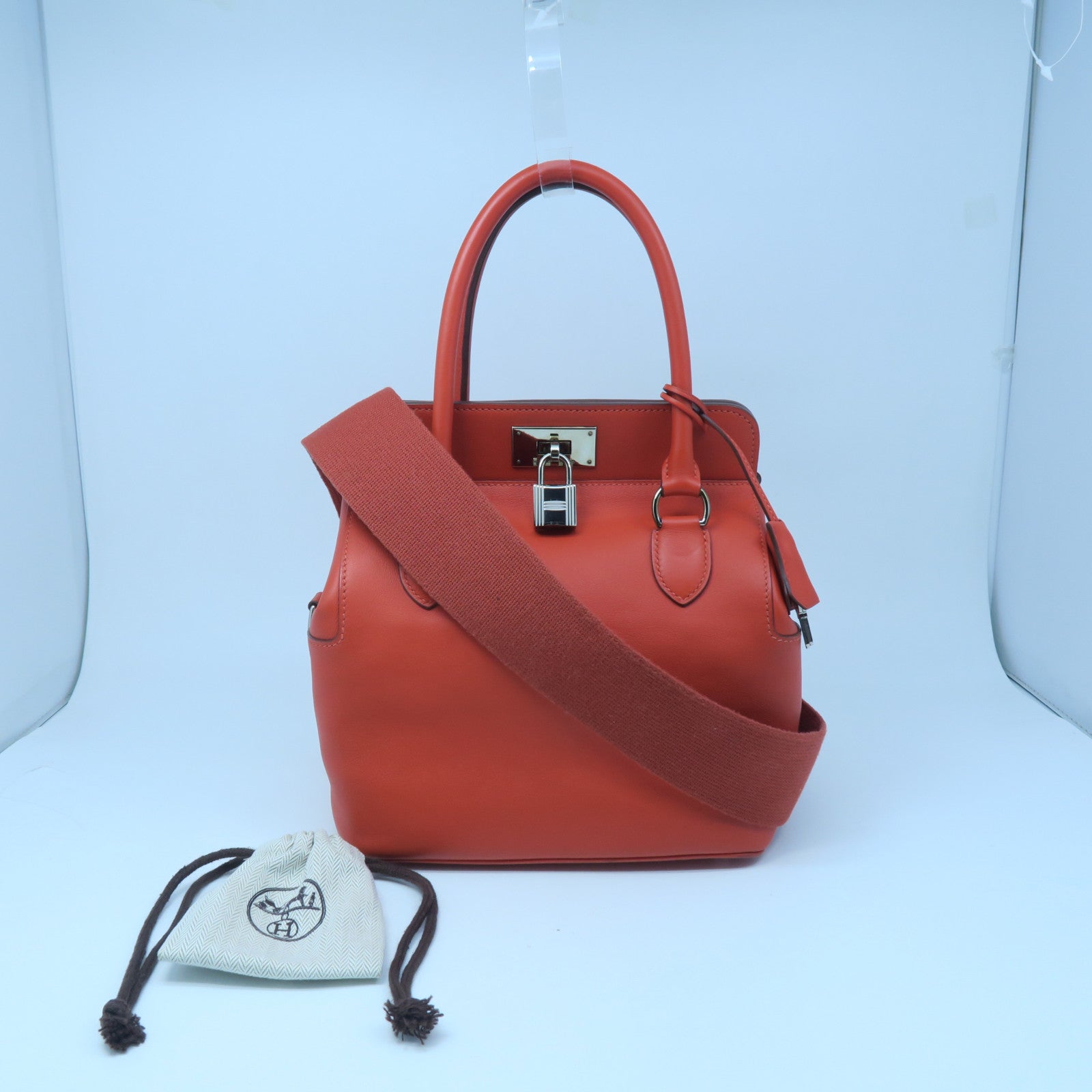 HERMES Swift Leather Toolbox 20 Silver Buckle Handle Shoulder Backpack  Fluorescent Orange