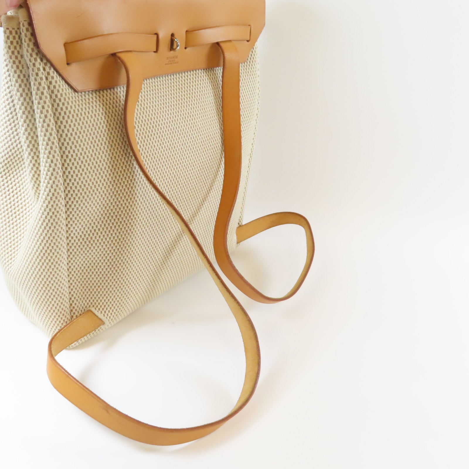 HERMES 帆布Herbag Backpack銀扣背包米色/啡色