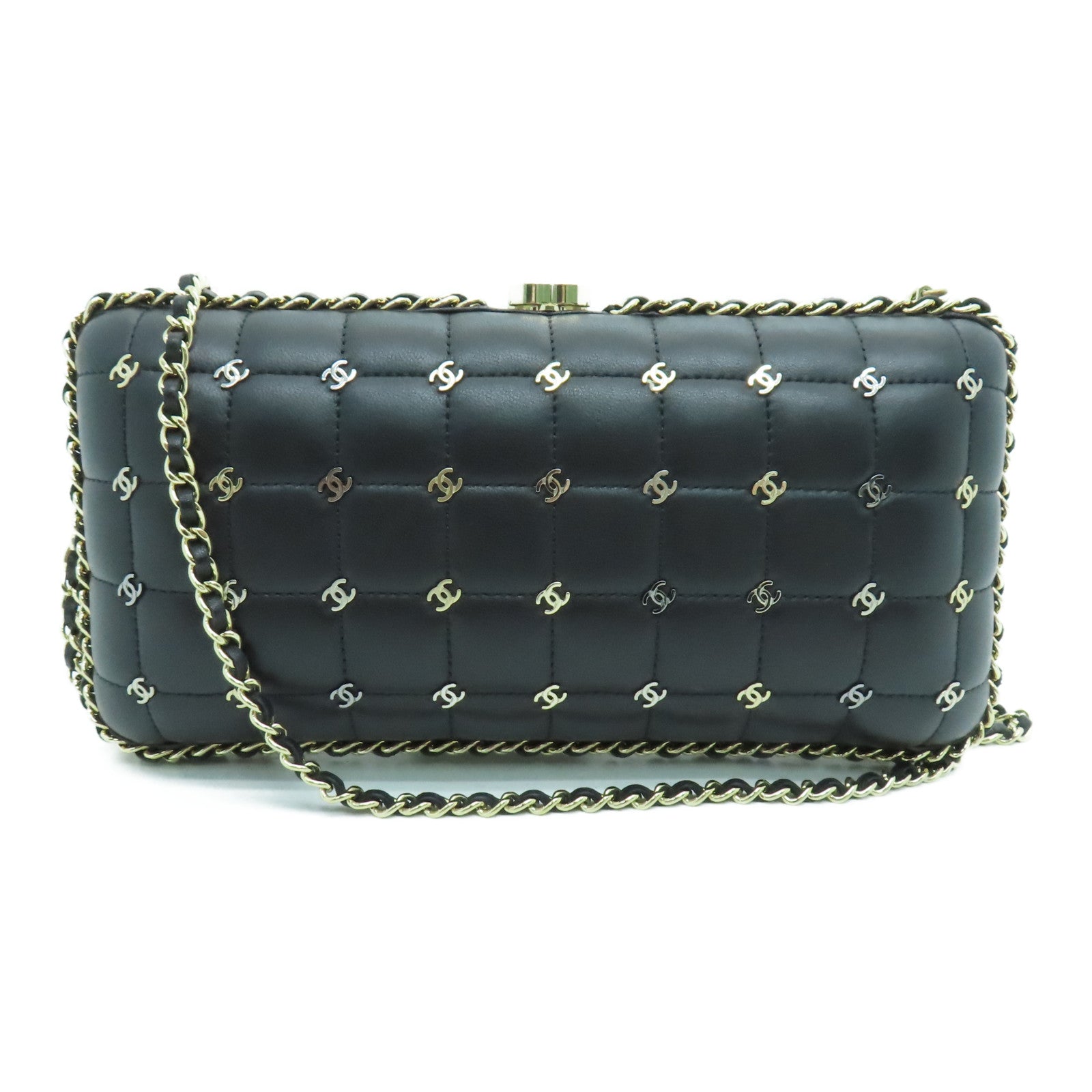 CHANEL Cowhide Leather Chanel Metal CC Clutch Gold Buckle Chain Strap Shoulder Bag Black