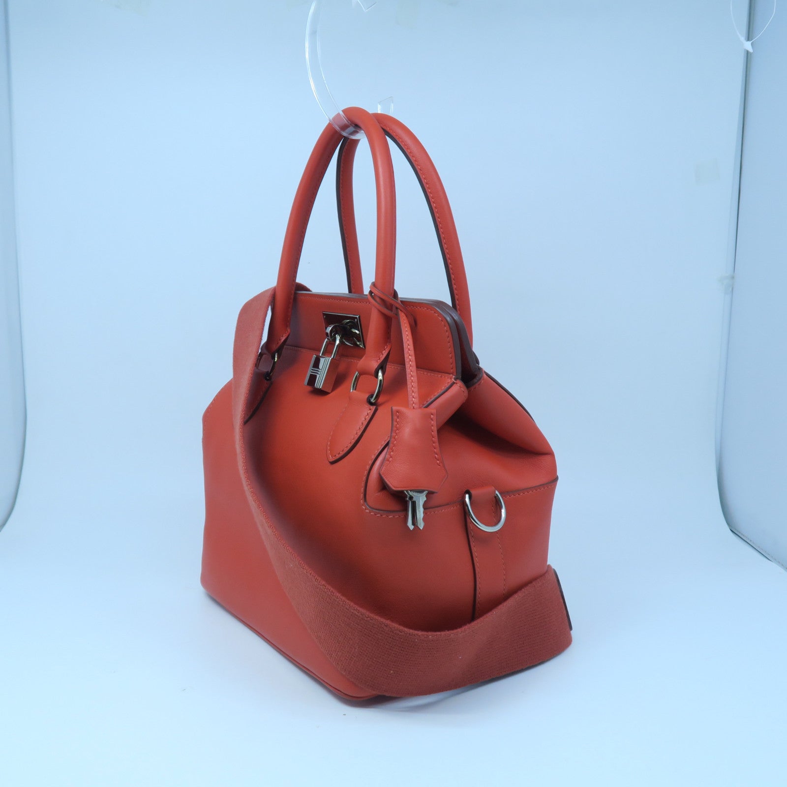 HERMES Swift Leather Toolbox 20 Silver Buckle Handle Shoulder Backpack Fluorescent Orange