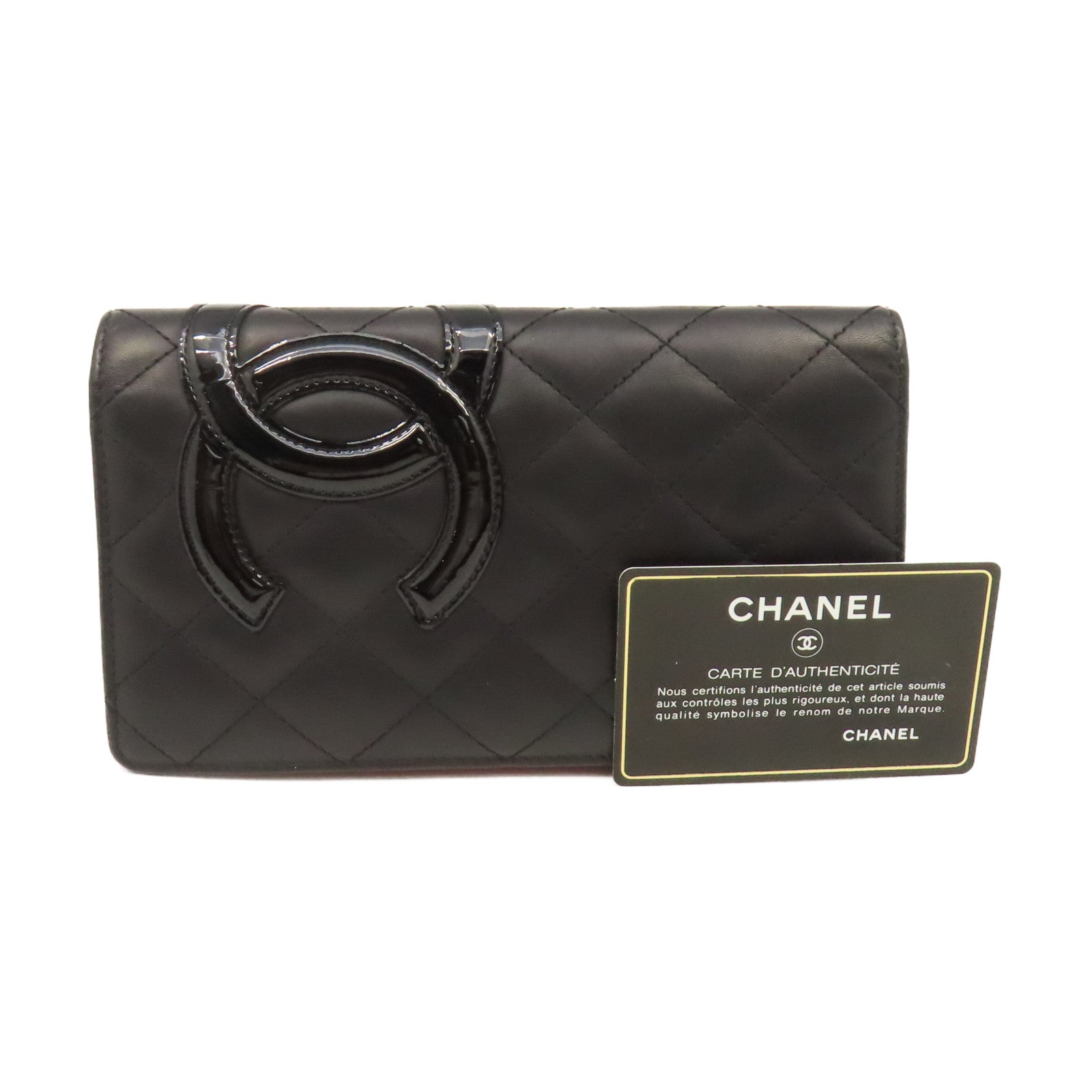 CHANEL 菱格羊皮皮革Cambon Long Wallet銀扣長錢包黑色/粉紅色
