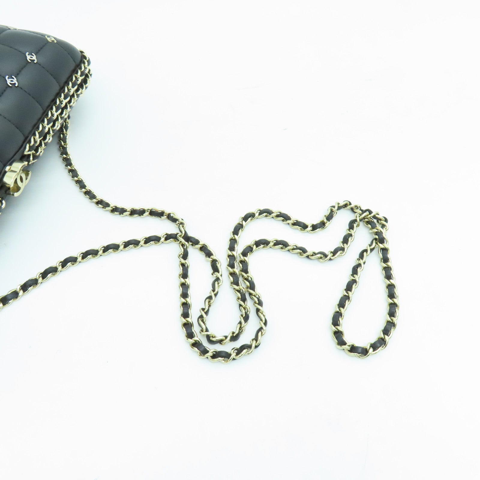 CHANEL Cowhide Leather Chanel Metal CC Clutch Gold Buckle Chain Strap Shoulder Bag Black