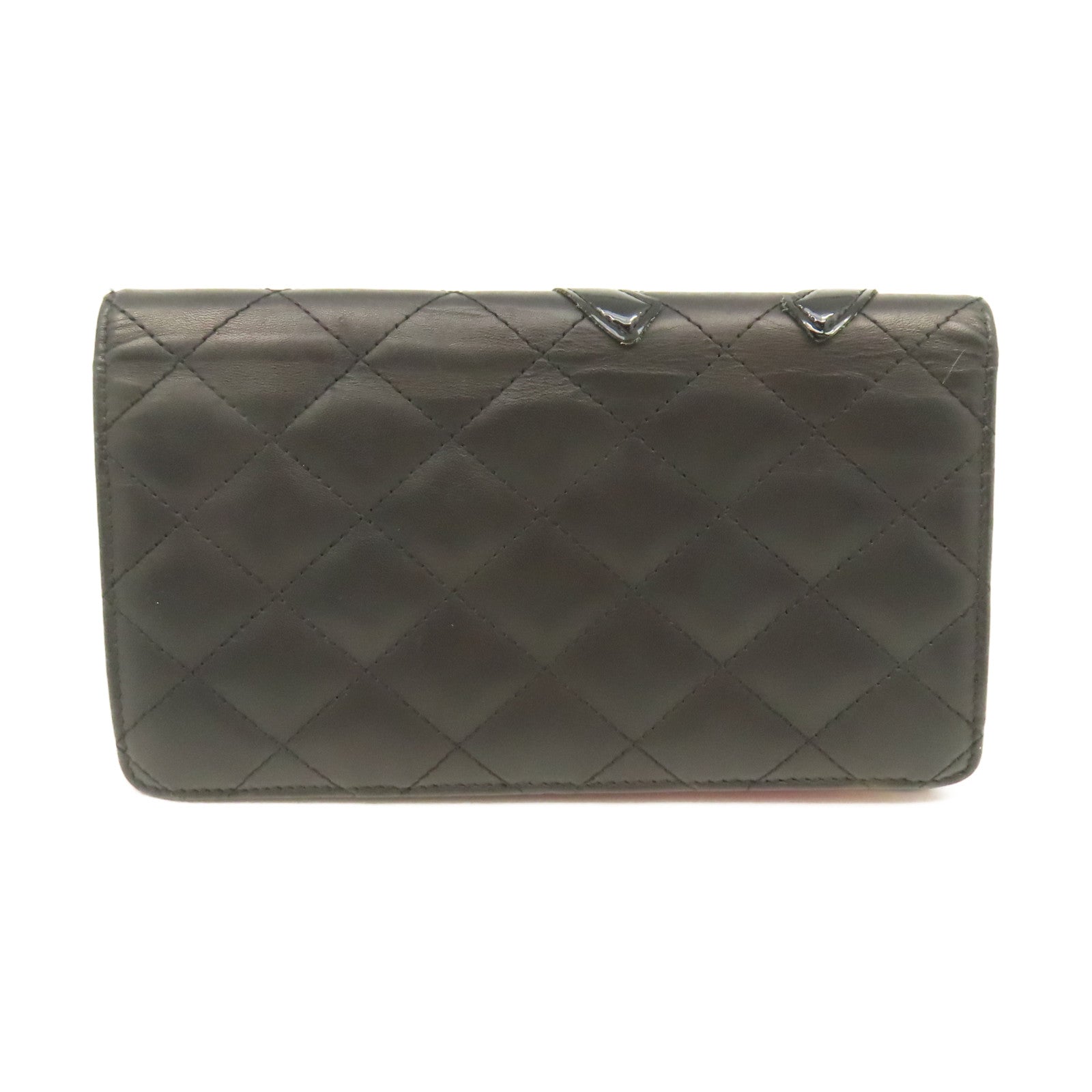 CHANEL 菱格羊皮皮革Cambon Long Wallet銀扣長錢包黑色/粉紅色