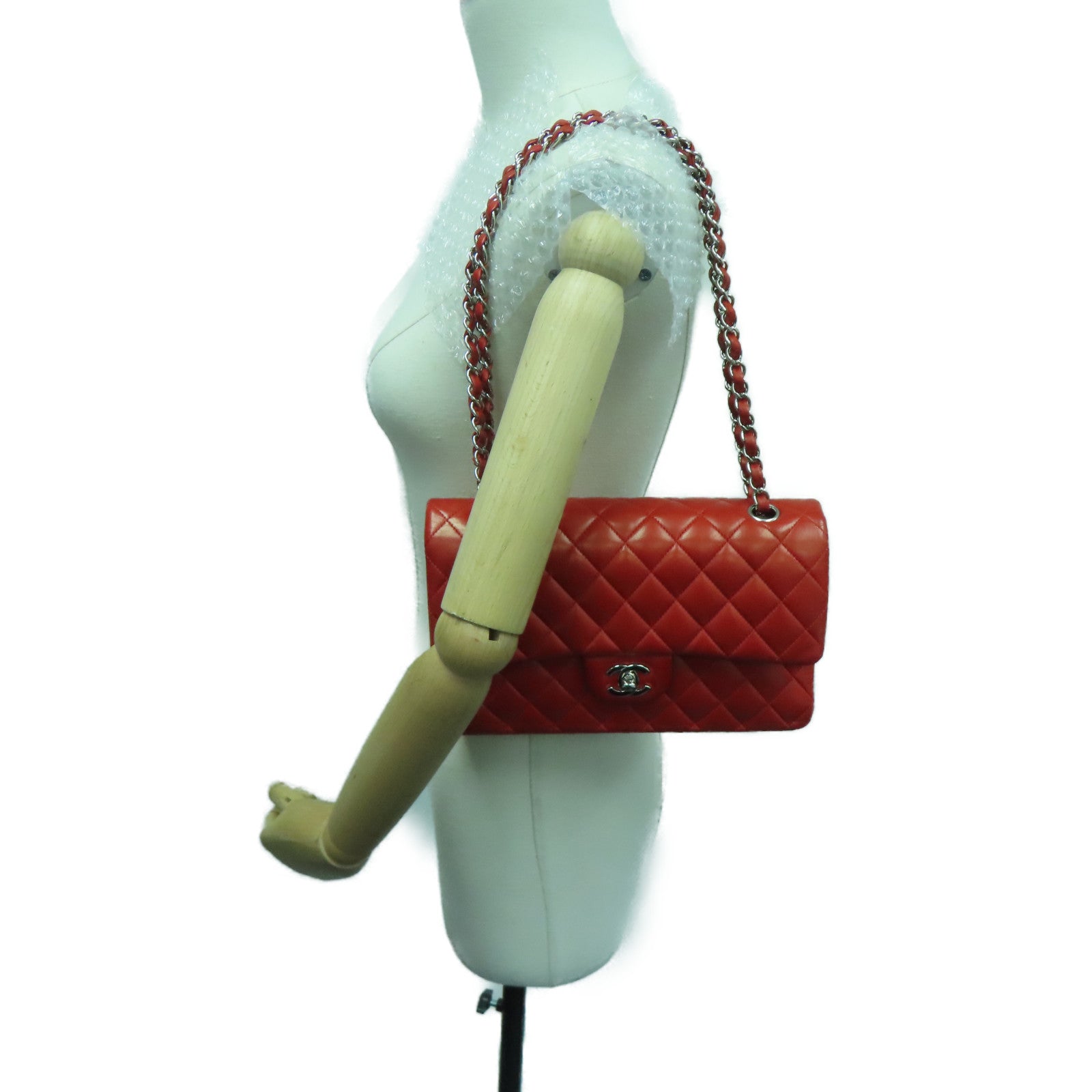 CHANEL 菱格羊皮皮革Classic Chain Shoulder银扣链条肩背袋红色