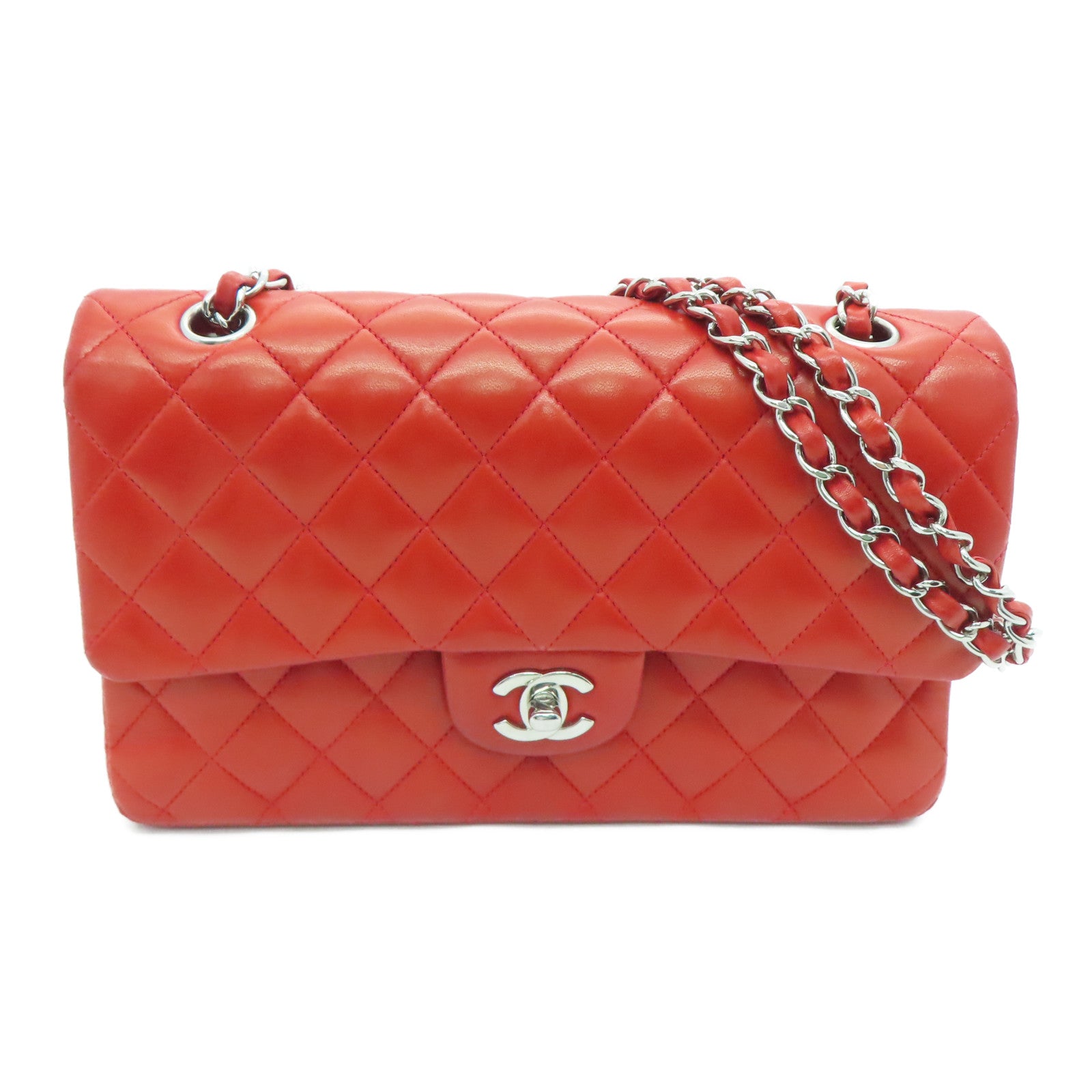 CHANEL 菱格羊皮皮革Classic Chain Shoulder银扣链条肩背袋红色