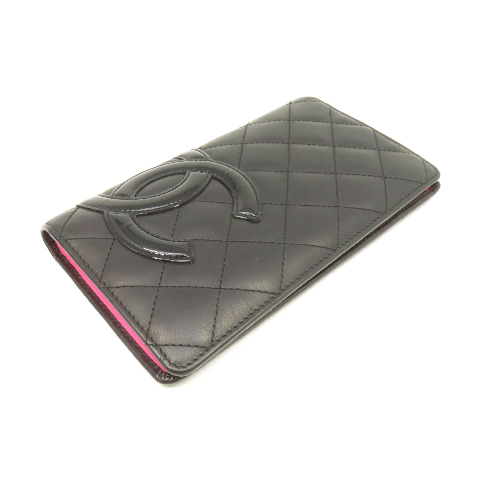 CHANEL 菱格羊皮皮革Cambon Long Wallet銀扣長錢包黑色/粉紅色
