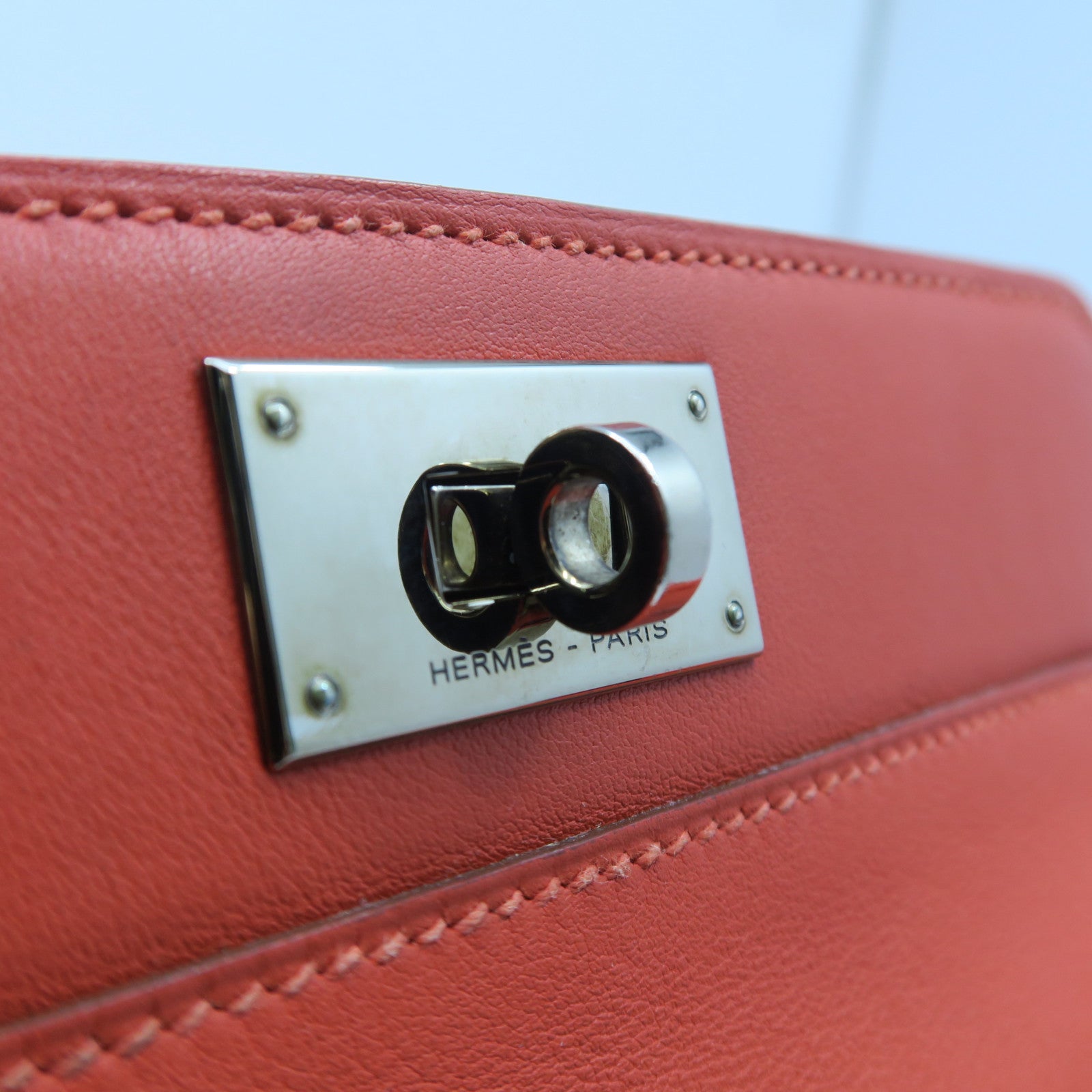HERMES Swift Leather Toolbox 20 Silver Buckle Handle Shoulder Backpack Fluorescent Orange
