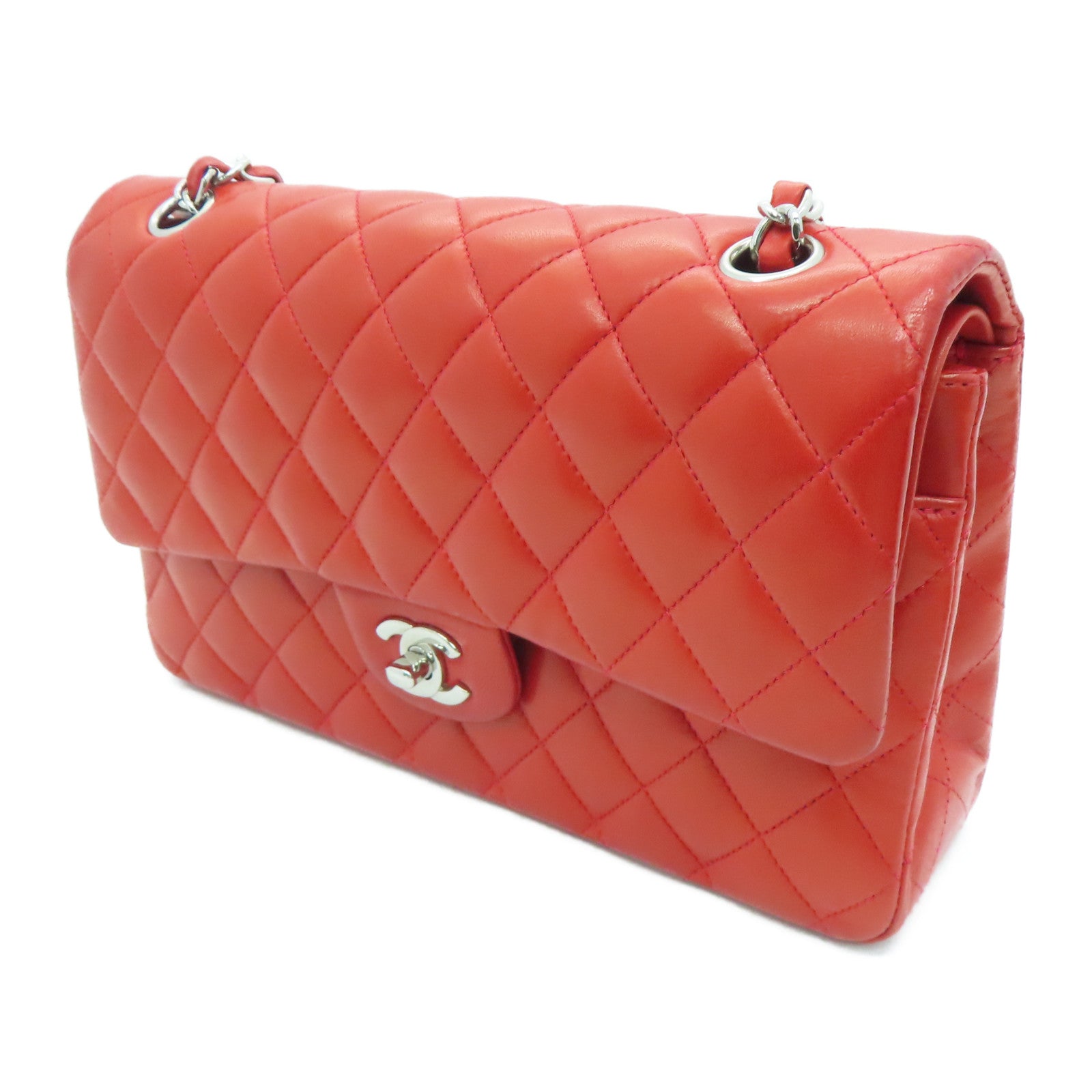 CHANEL 菱格羊皮皮革Classic Chain Shoulder银扣链条肩背袋红色