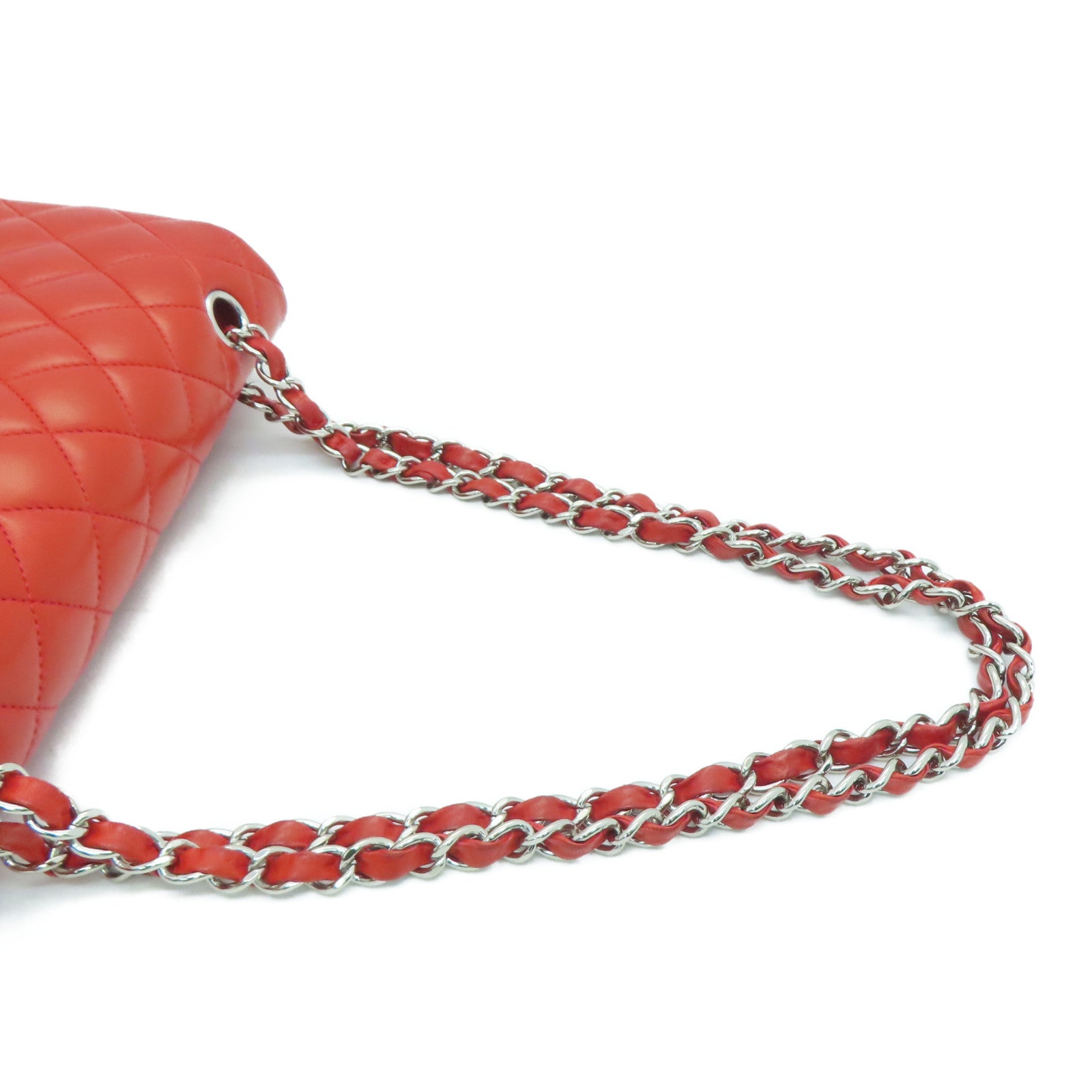 CHANEL 菱格羊皮皮革Classic Chain Shoulder银扣链条肩背袋红色