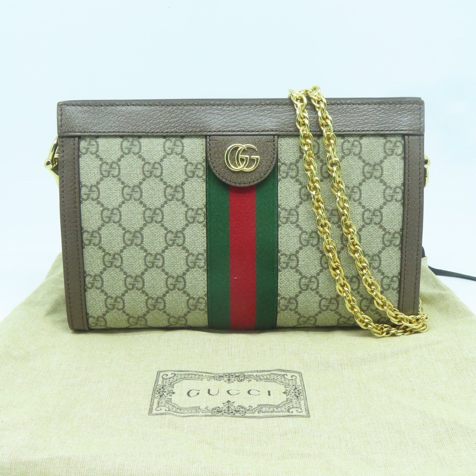 GUCCI 塗層帆布/皮革Ophidia Shoulder Bag金扣鏈帶肩背袋灰色/啡色