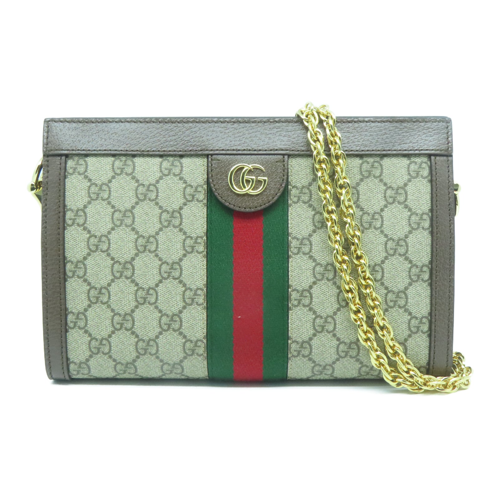 GUCCI 塗層帆布/皮革Ophidia Shoulder Bag金扣鏈帶肩背袋灰色/啡色
