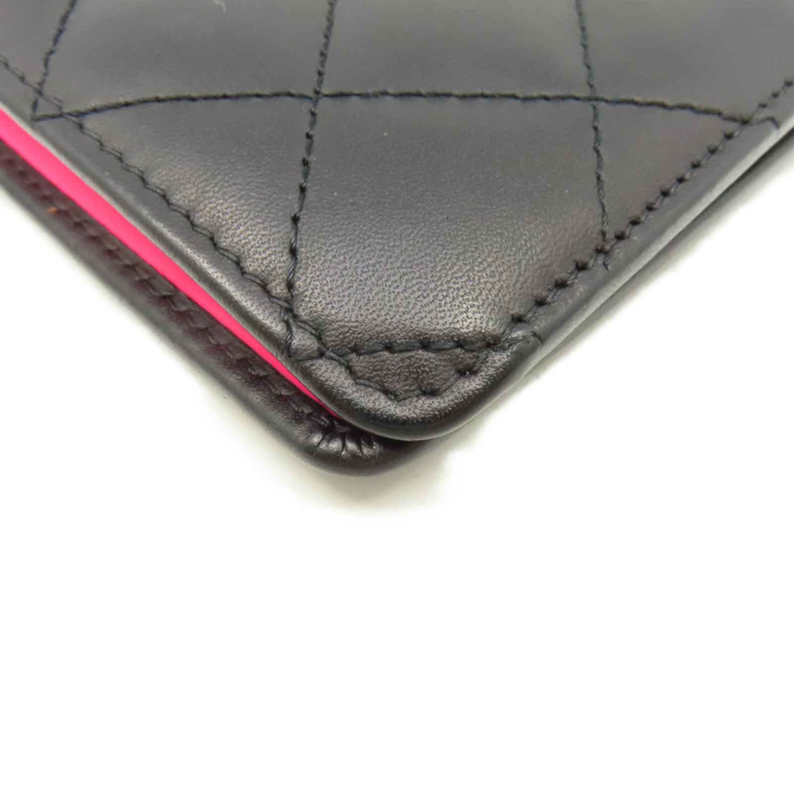 CHANEL 菱格羊皮皮革Cambon Long Wallet銀扣長錢包黑色/粉紅色