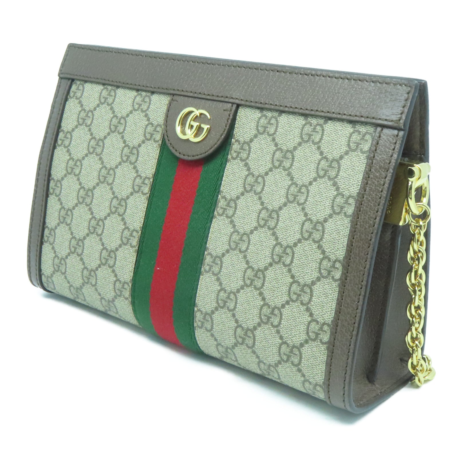 GUCCI 塗層帆布/皮革Ophidia Shoulder Bag金扣鏈帶肩背袋灰色/啡色