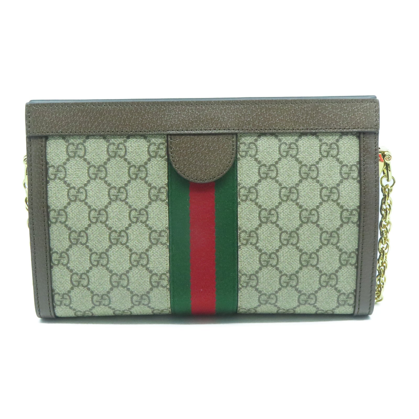 GUCCI 塗層帆布/皮革Ophidia Shoulder Bag金扣鏈帶肩背袋灰色/啡色