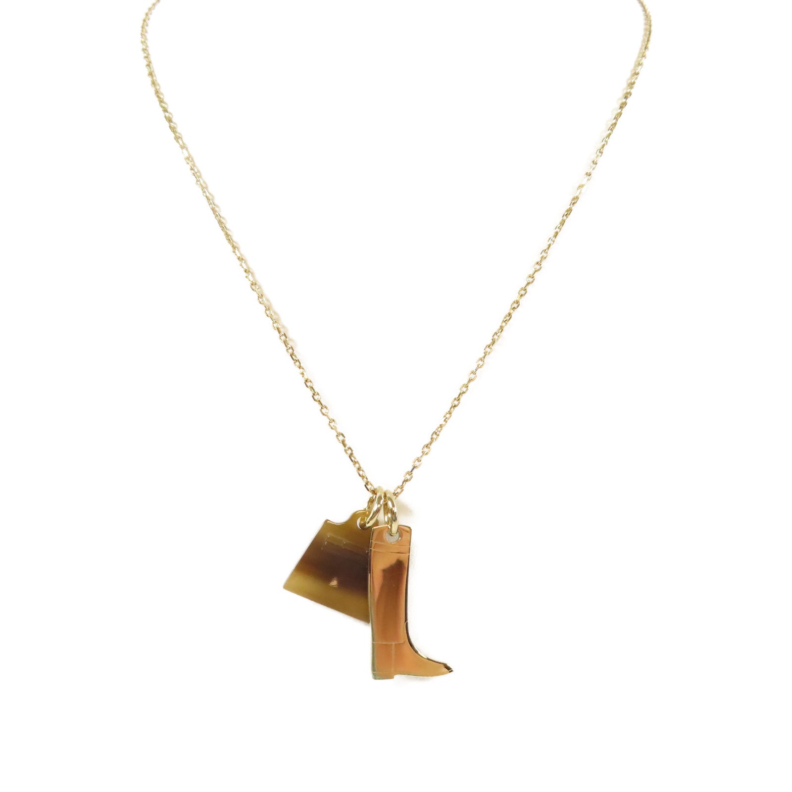 HERMES 水牛角/金屬Amulette Maroquinier pendant Necklace Kelly Bag項鍊金色#44cm