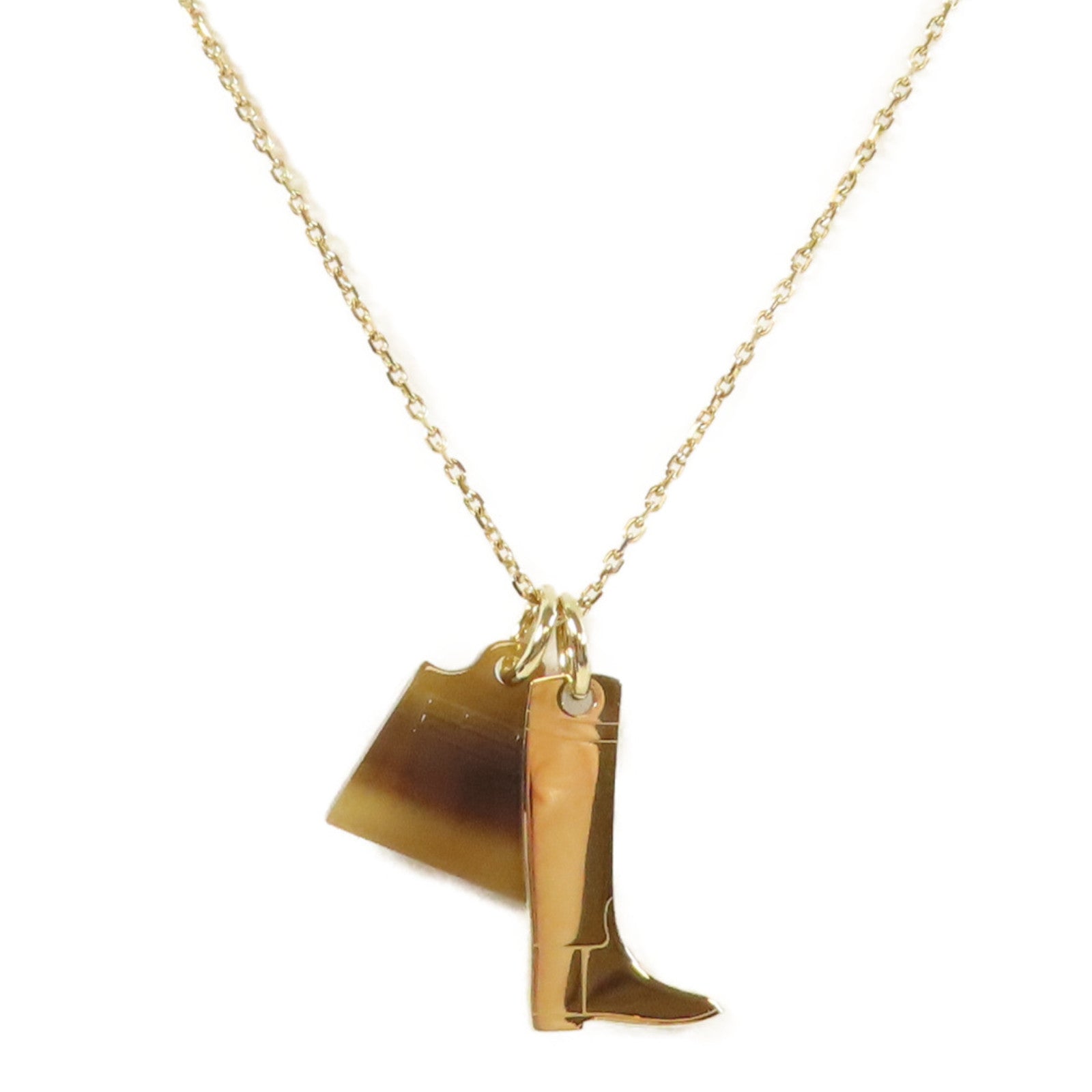 HERMES 水牛角/金屬Amulette Maroquinier pendant Necklace Kelly Bag項鍊金色#44cm