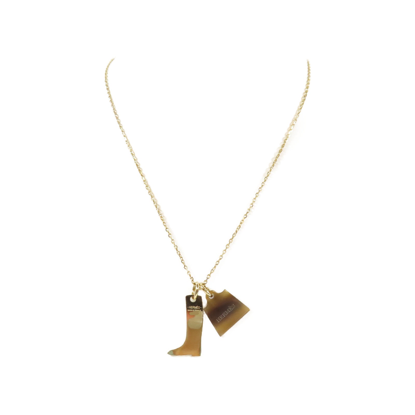 HERMES 水牛角/金屬Amulette Maroquinier pendant Necklace Kelly Bag項鍊金色#44cm