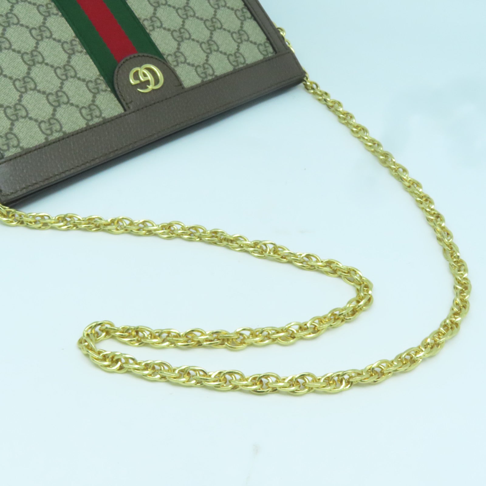 GUCCI 塗層帆布/皮革Ophidia Shoulder Bag金扣鏈帶肩背袋灰色/啡色