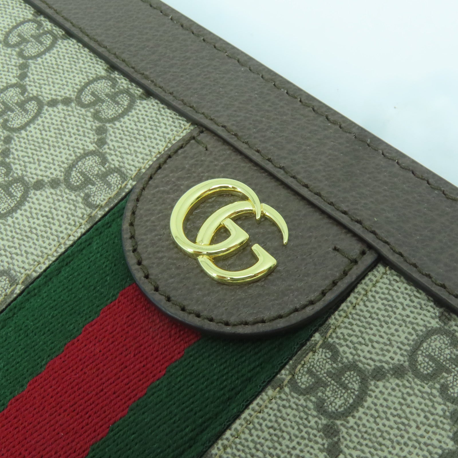 GUCCI 塗層帆布/皮革Ophidia Shoulder Bag金扣鏈帶肩背袋灰色/啡色