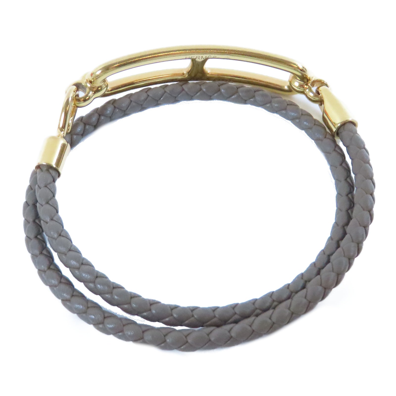 HERMES 皮革/金屬Roulis Double Tour金扣手鐲啡色