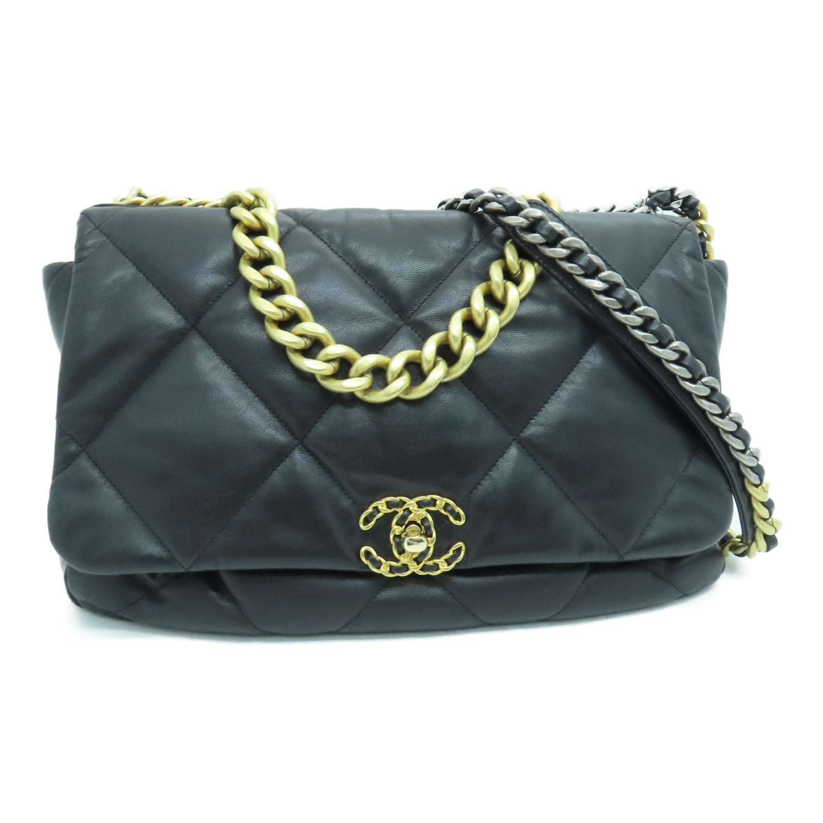 CHANEL 菱格羊皮皮革Chanel 19 Maxi金扣手挽肩背兩用袋黑色