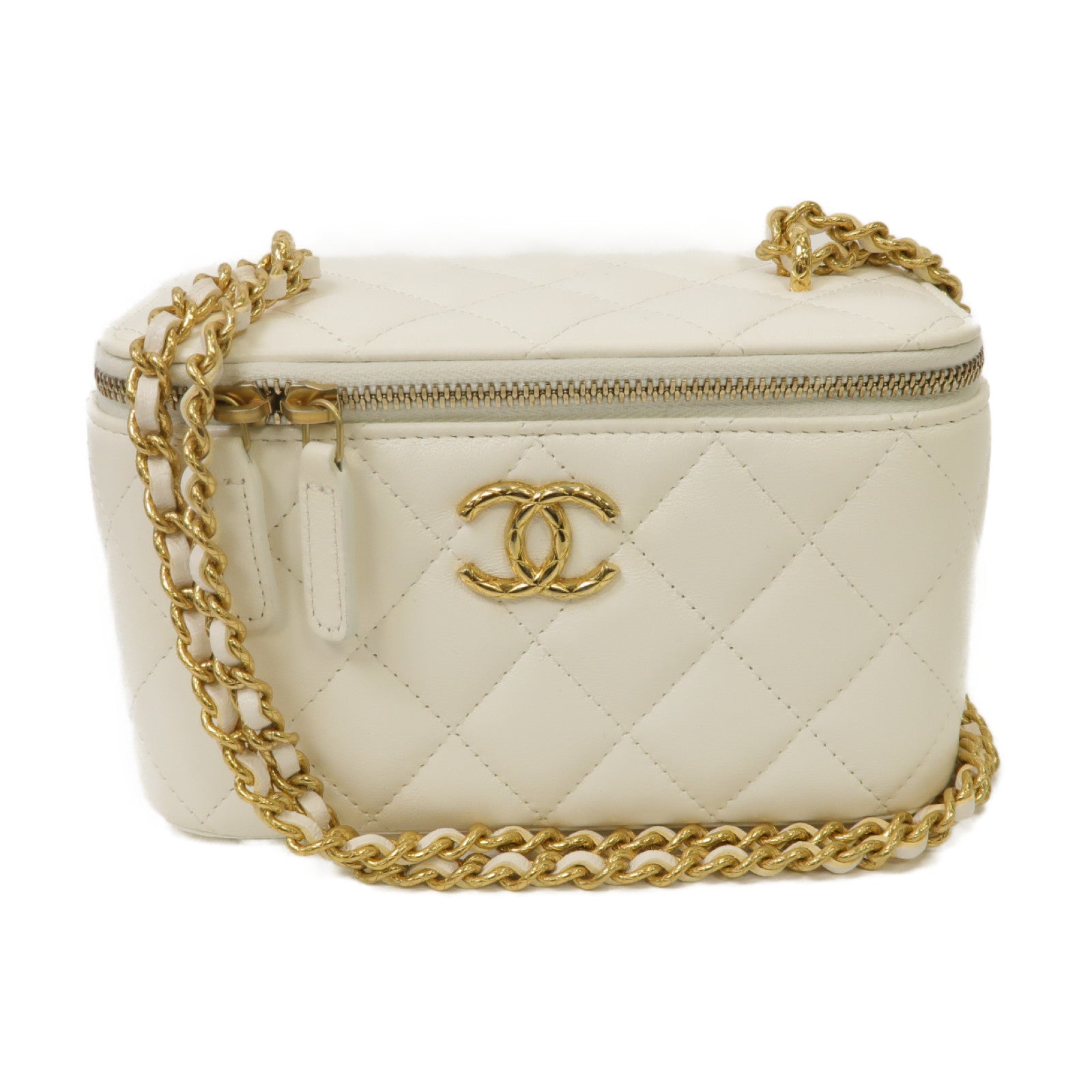 CHANEL 菱格羊皮皮革Chain Shoulder Bag金扣鏈帶肩背袋白色