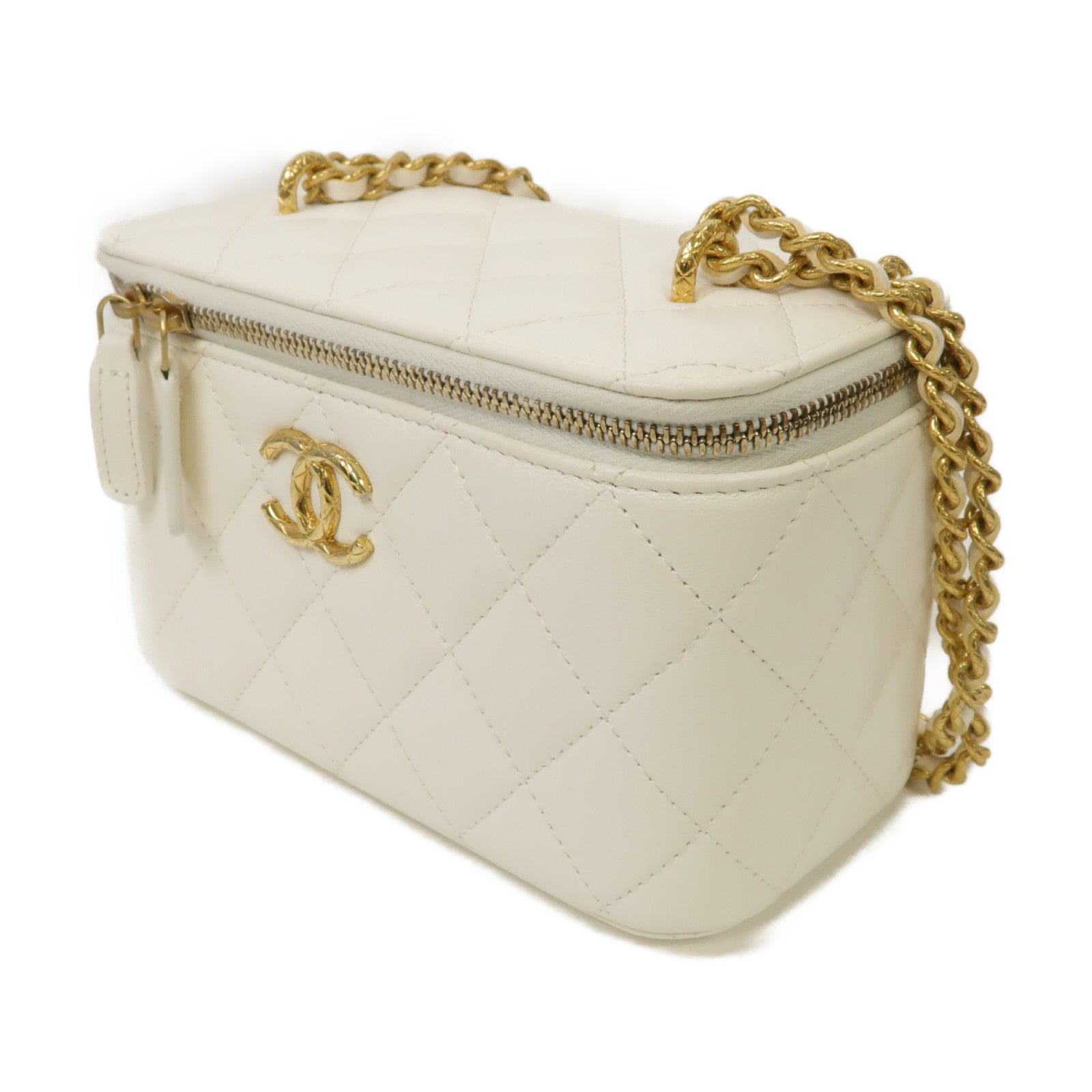 CHANEL 菱格羊皮皮革Chain Shoulder Bag金扣鏈帶肩背袋白色