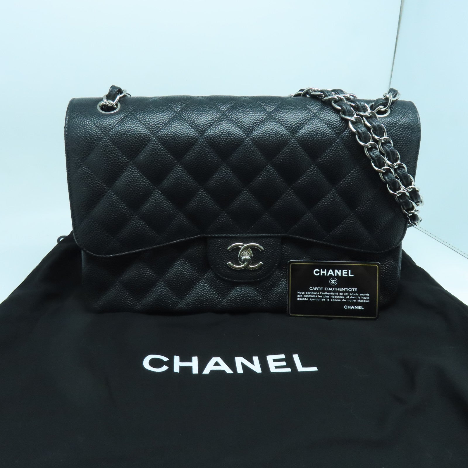 CHANEL Rhombus Caviar Leather Classic Silver Buckle Shoulder Bag Black