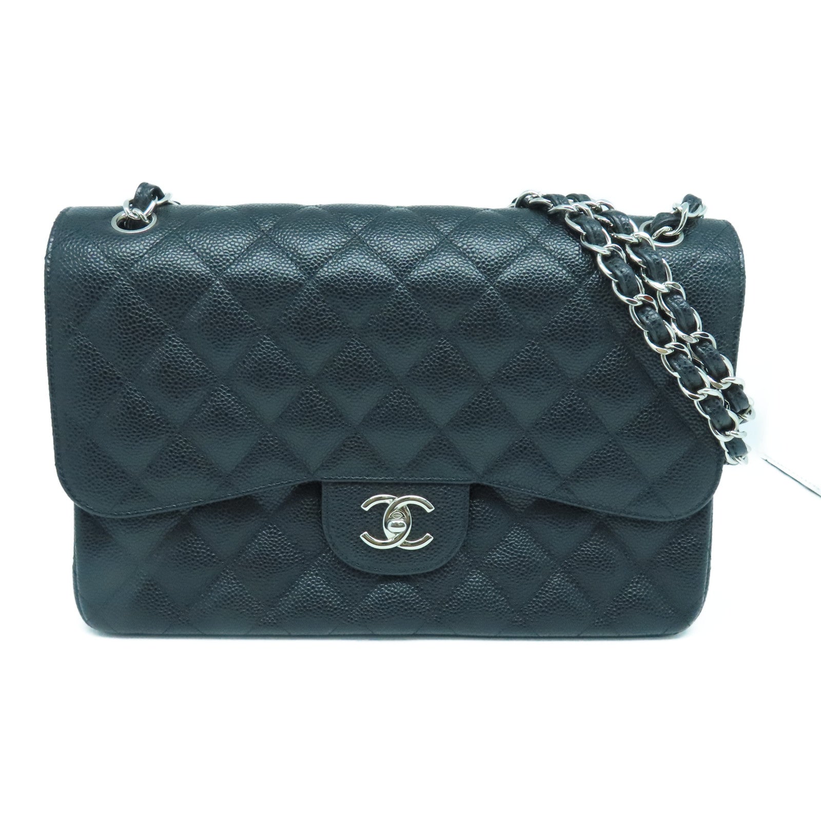 CHANEL Rhombus Caviar Leather Classic Silver Buckle Shoulder Bag Black