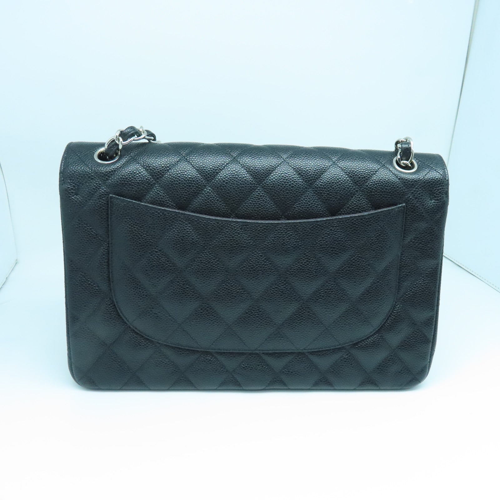 CHANEL Rhombus Caviar Leather Classic Silver Buckle Shoulder Bag Black