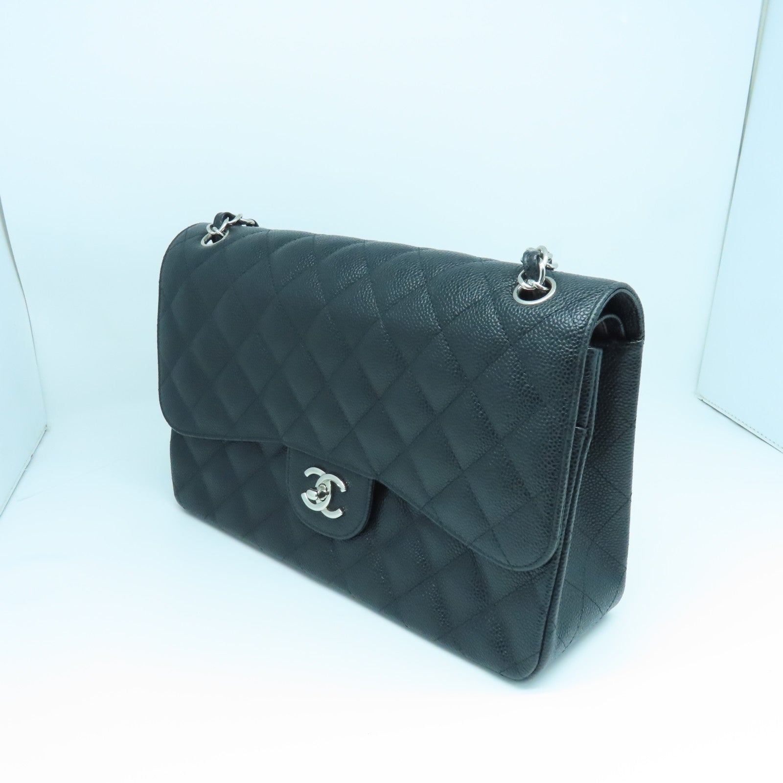CHANEL Rhombus Caviar Leather Classic Silver Buckle Shoulder Bag Black