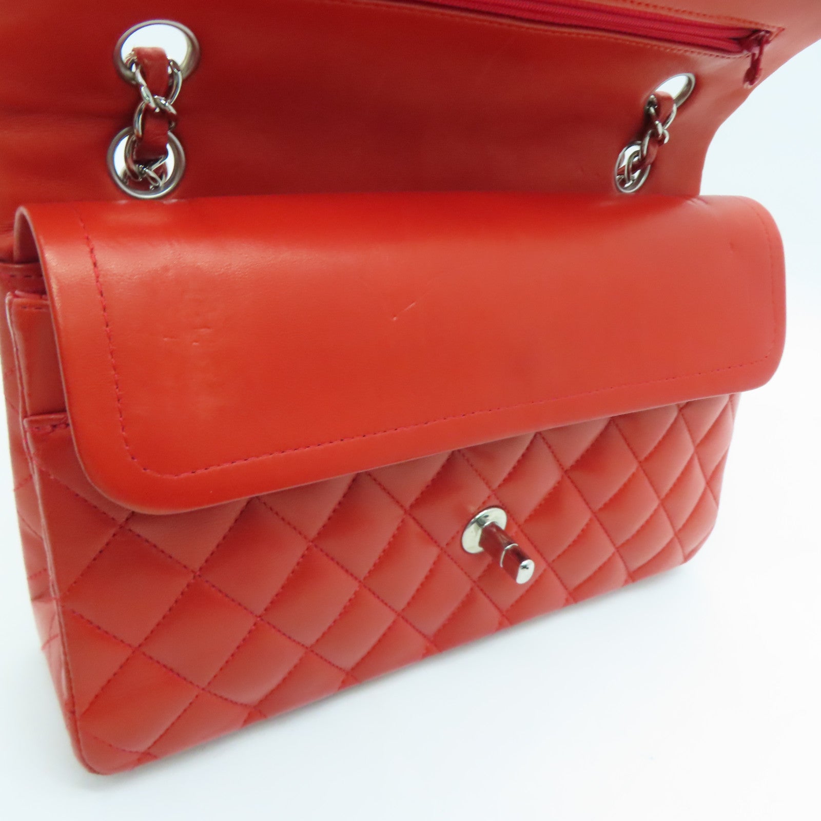 CHANEL 菱格羊皮皮革Classic Chain Shoulder银扣链条肩背袋红色
