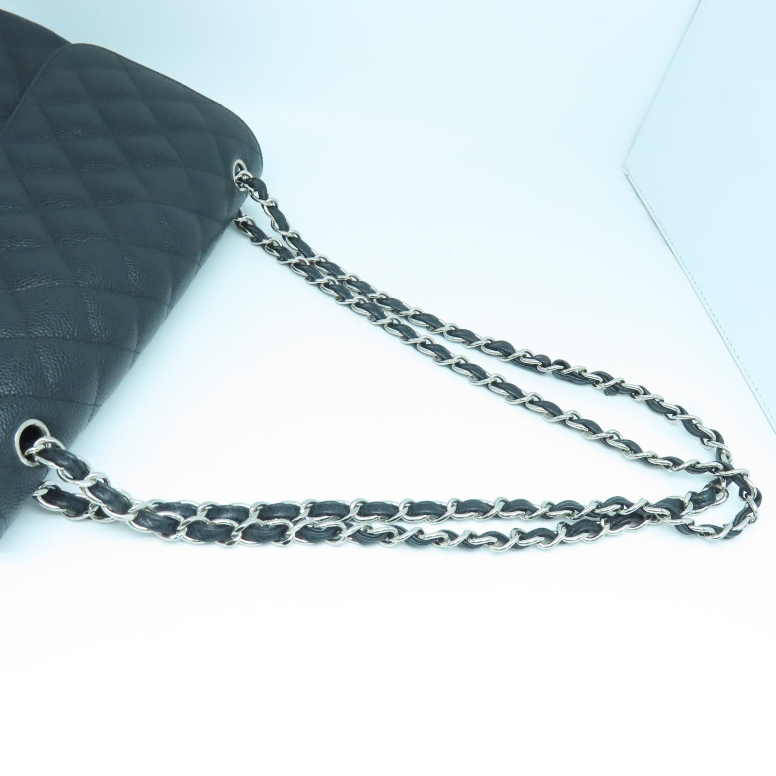 CHANEL Rhombus Caviar Leather Classic Silver Buckle Shoulder Bag Black