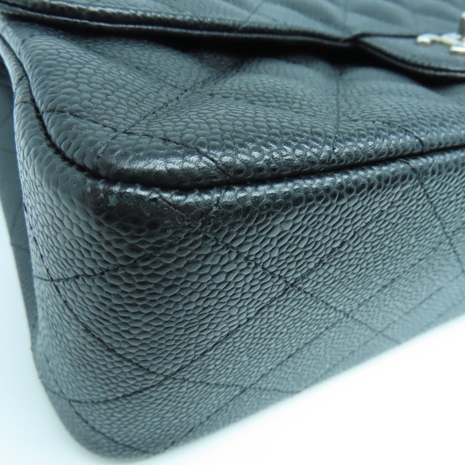 CHANEL Rhombus Caviar Leather Classic Silver Buckle Shoulder Bag Black