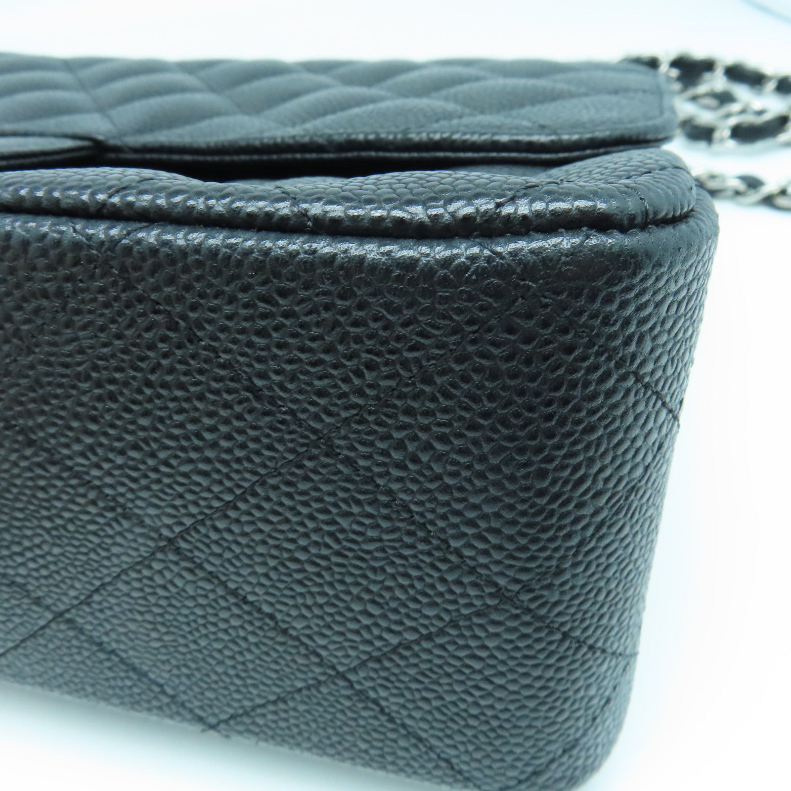 CHANEL Rhombus Caviar Leather Classic Silver Buckle Shoulder Bag Black