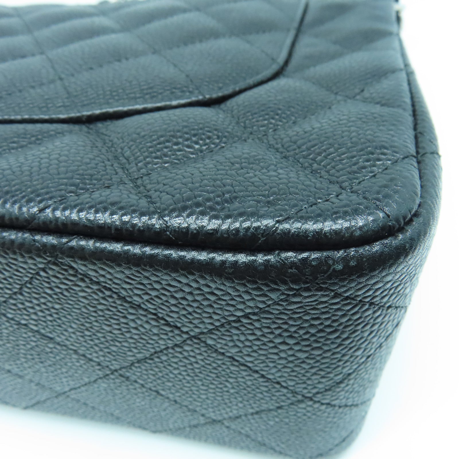 CHANEL Rhombus Caviar Leather Classic Silver Buckle Shoulder Bag Black