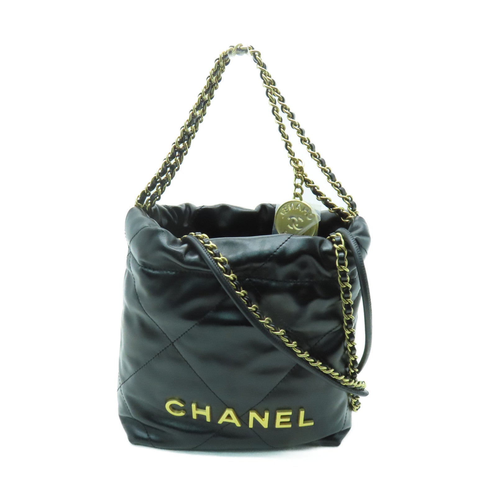 CHANEL 菱格牛皮皮革Mini 22金扣手挽肩背兩用袋黑色