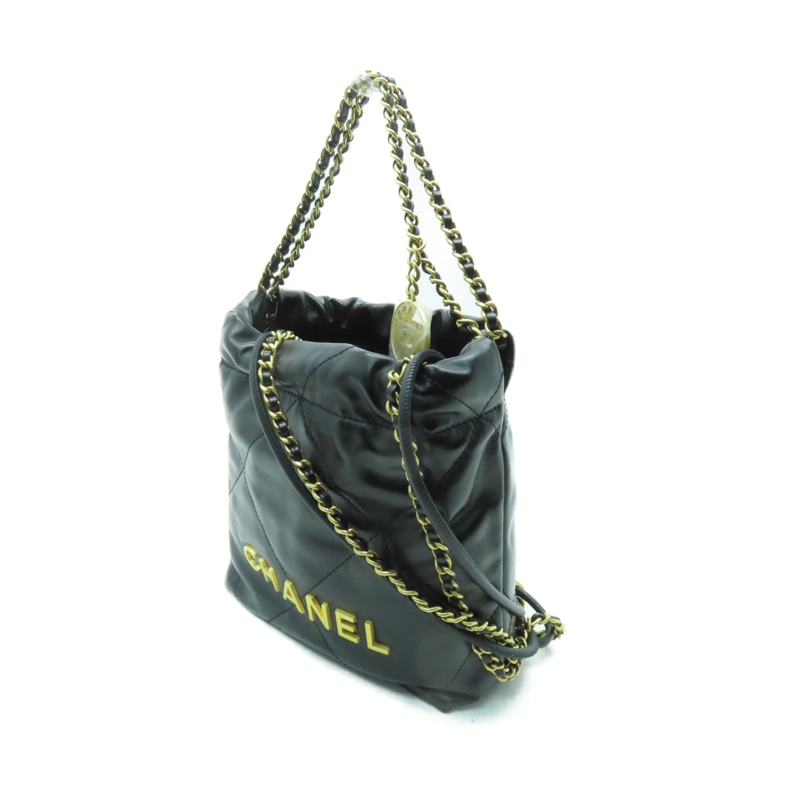 CHANEL 菱格牛皮皮革Mini 22金扣手挽肩背兩用袋黑色