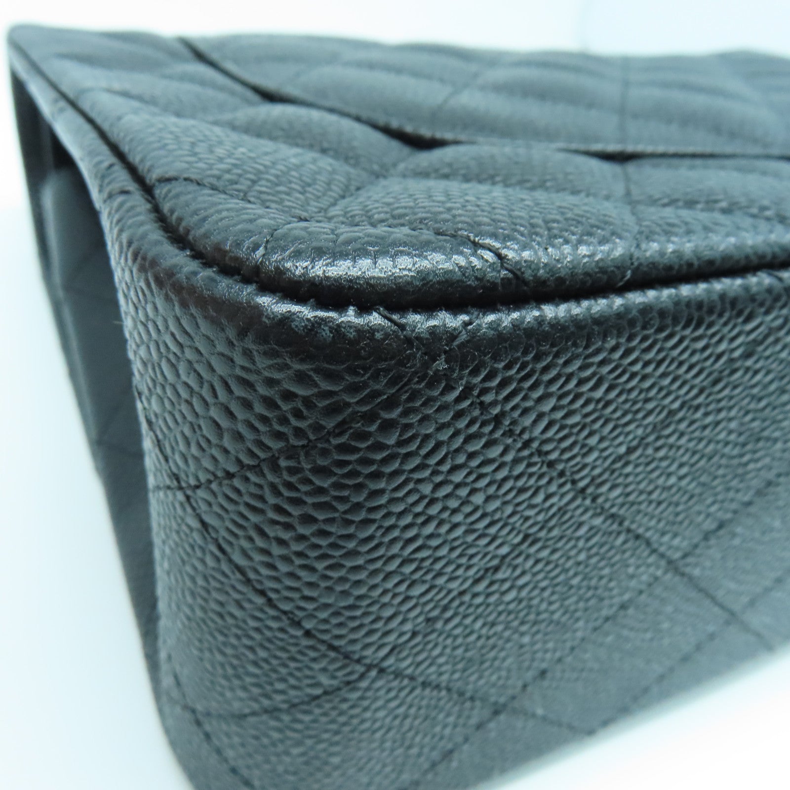 CHANEL Rhombus Caviar Leather Classic Silver Buckle Shoulder Bag Black