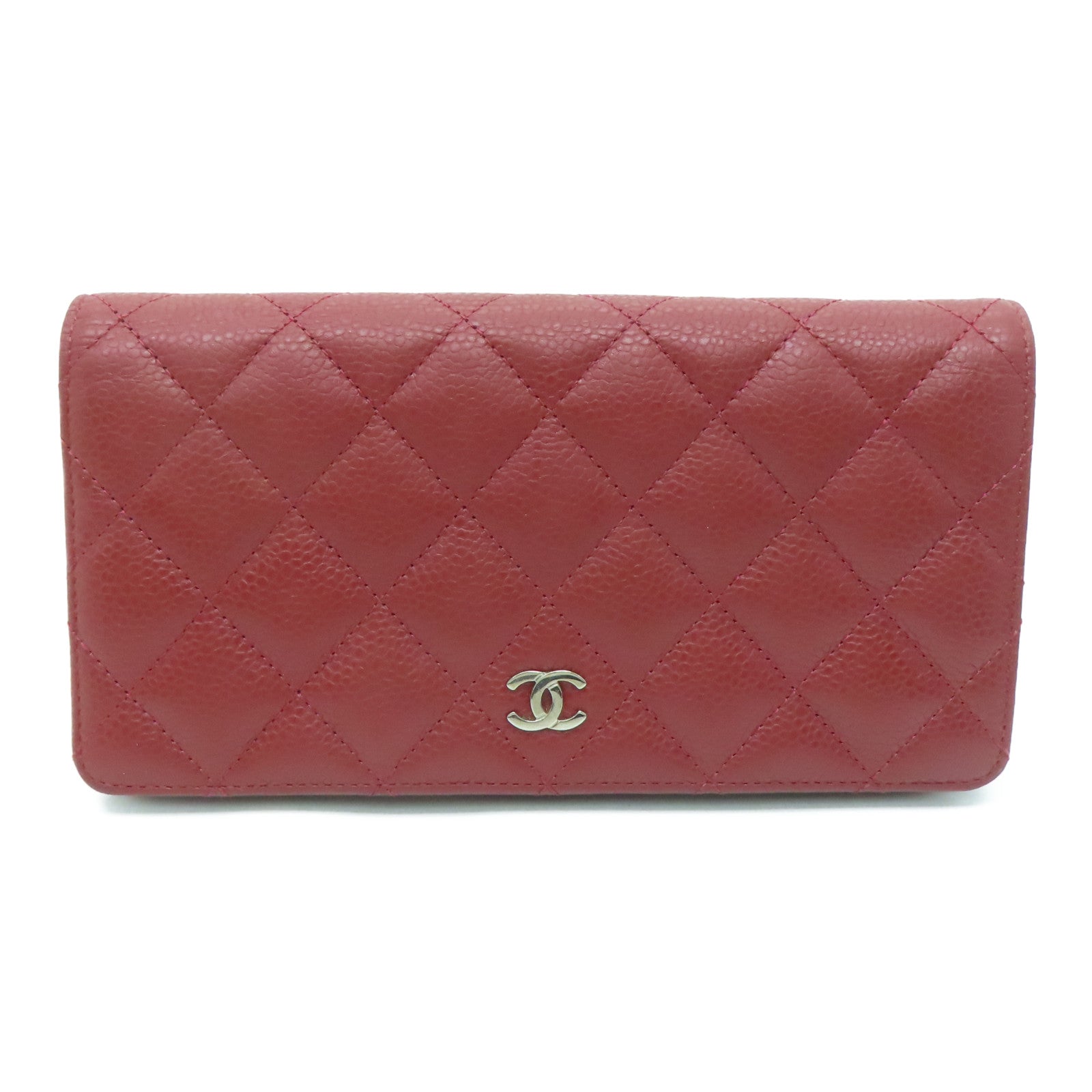 CHANEL 菱格Caviar皮革Long Wallet银扣长钱包枣红色