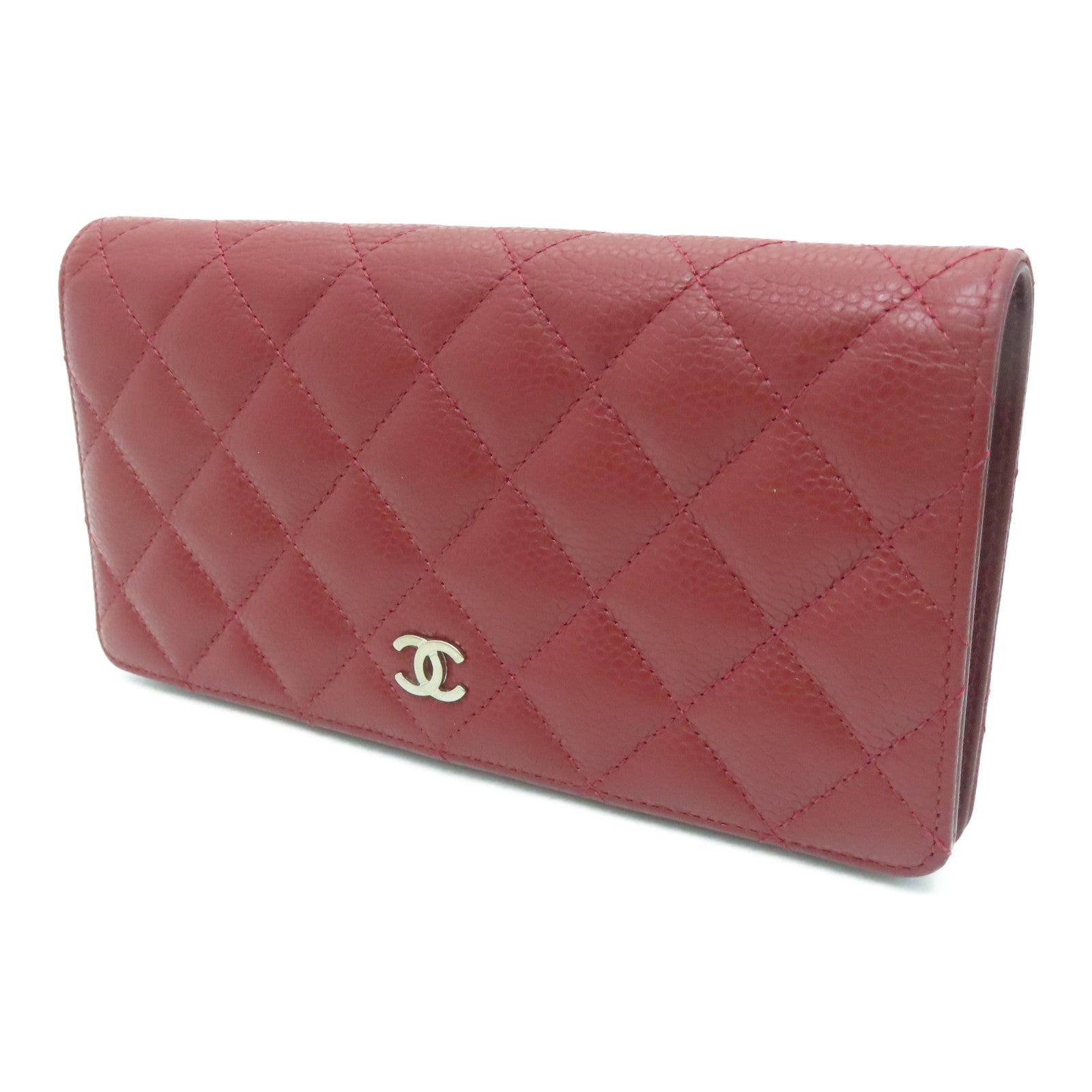 CHANEL 菱格Caviar皮革Long Wallet银扣长钱包枣红色