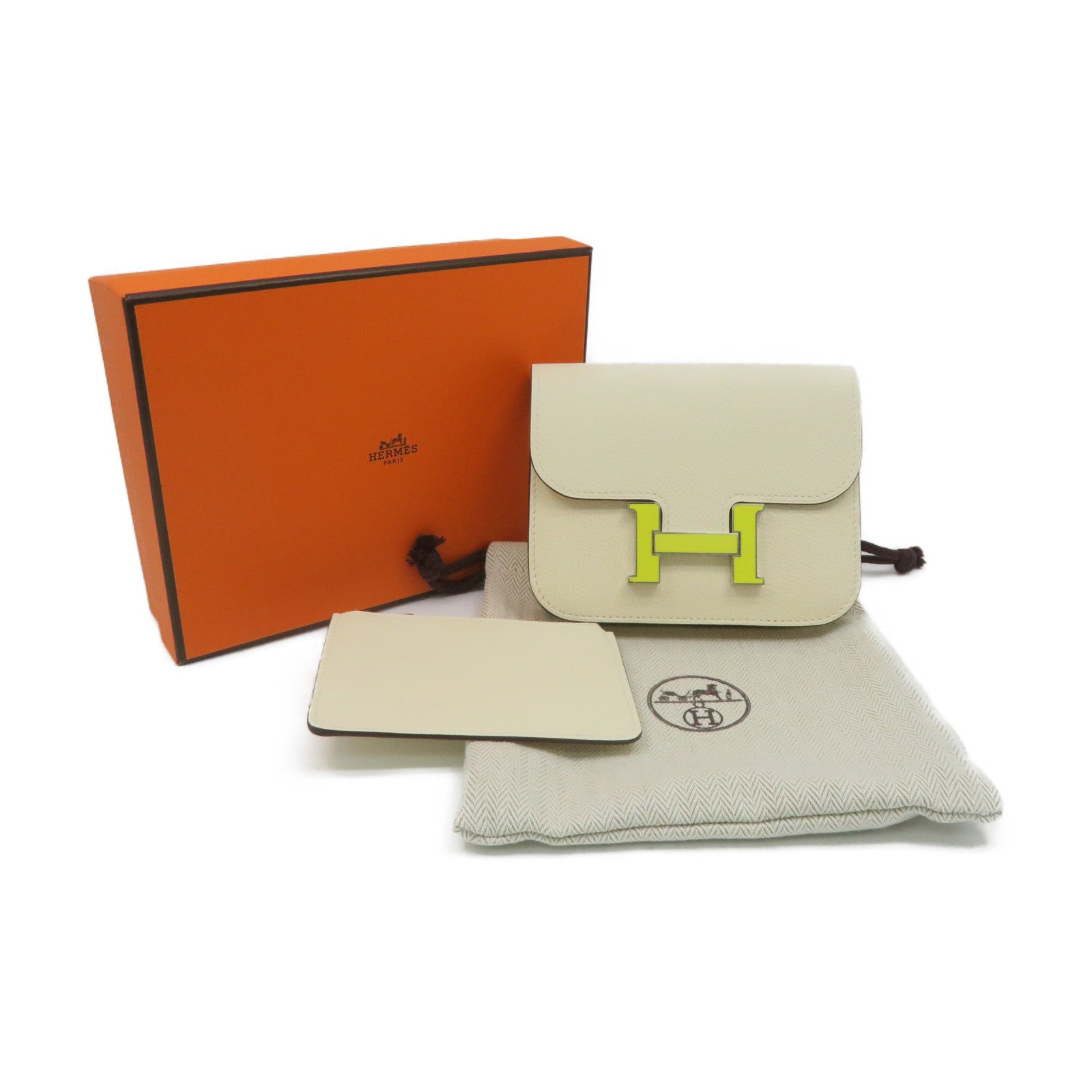 HERMES 【激减优惠】Epsom皮革Costance Slim银扣腰包米白色