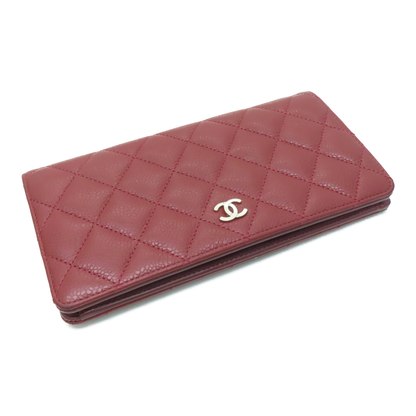 CHANEL 菱格Caviar皮革Long Wallet银扣长钱包枣红色