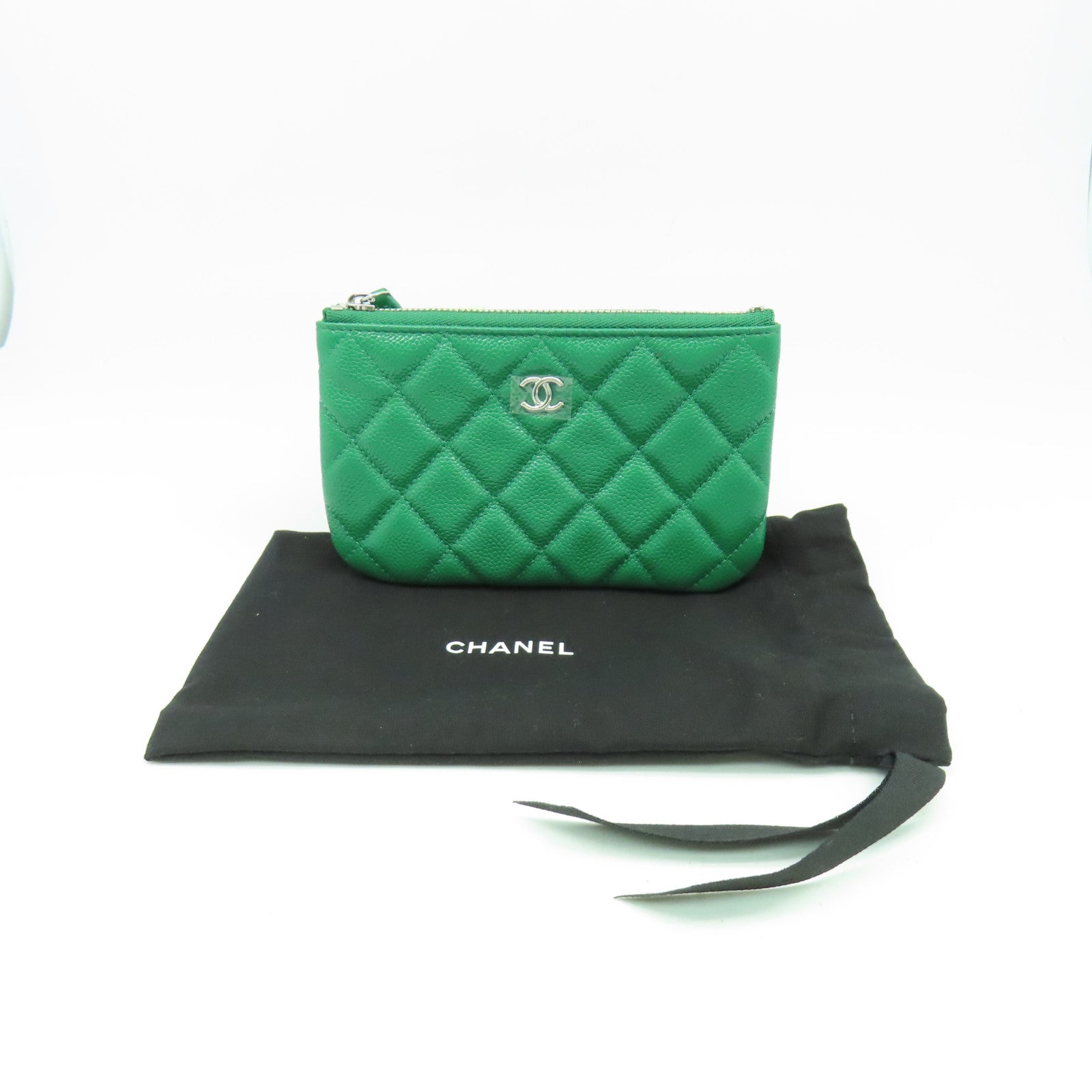 CHANEL 牛皮皮革Coin Case銀扣零錢包綠色